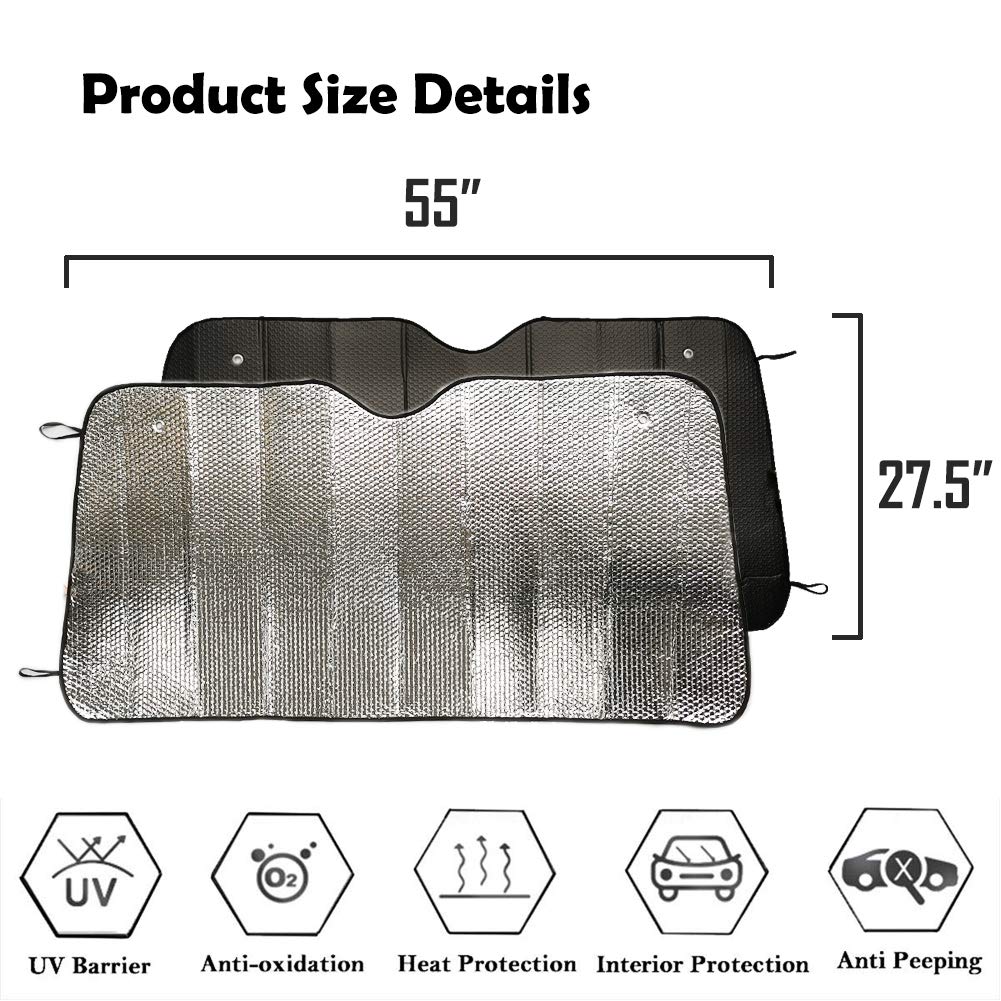 Big Ant Windshield Sun Shade UV Rays Sun Visor Shade,Auto Front Windshield Sunshade Car Folded Sun Shield Shade,Keeps Vehicle Cool - Black (55" x 27.5")