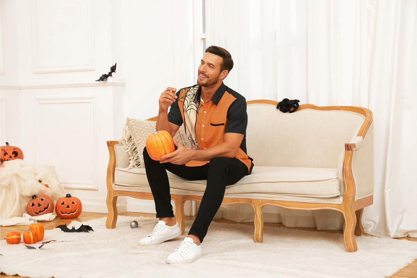 WHO IN SHOP Men's Halloween Shirts Cute Scary Horror Short Sleeve Button Up Shirt