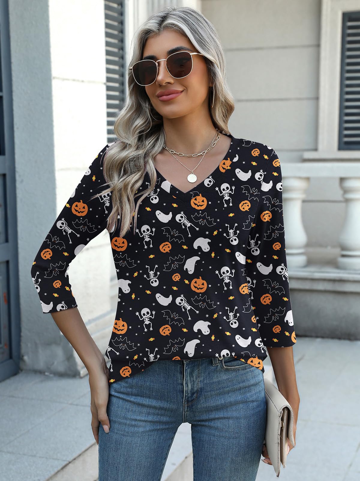 Zeagoo Halloween Pumpkin Shirts Women Fall T-Shirts Cute Autumn Graphic Tees Thanksgiving Tops Halloween Shirts 3/4 Sleeve V-Neck T Shirt