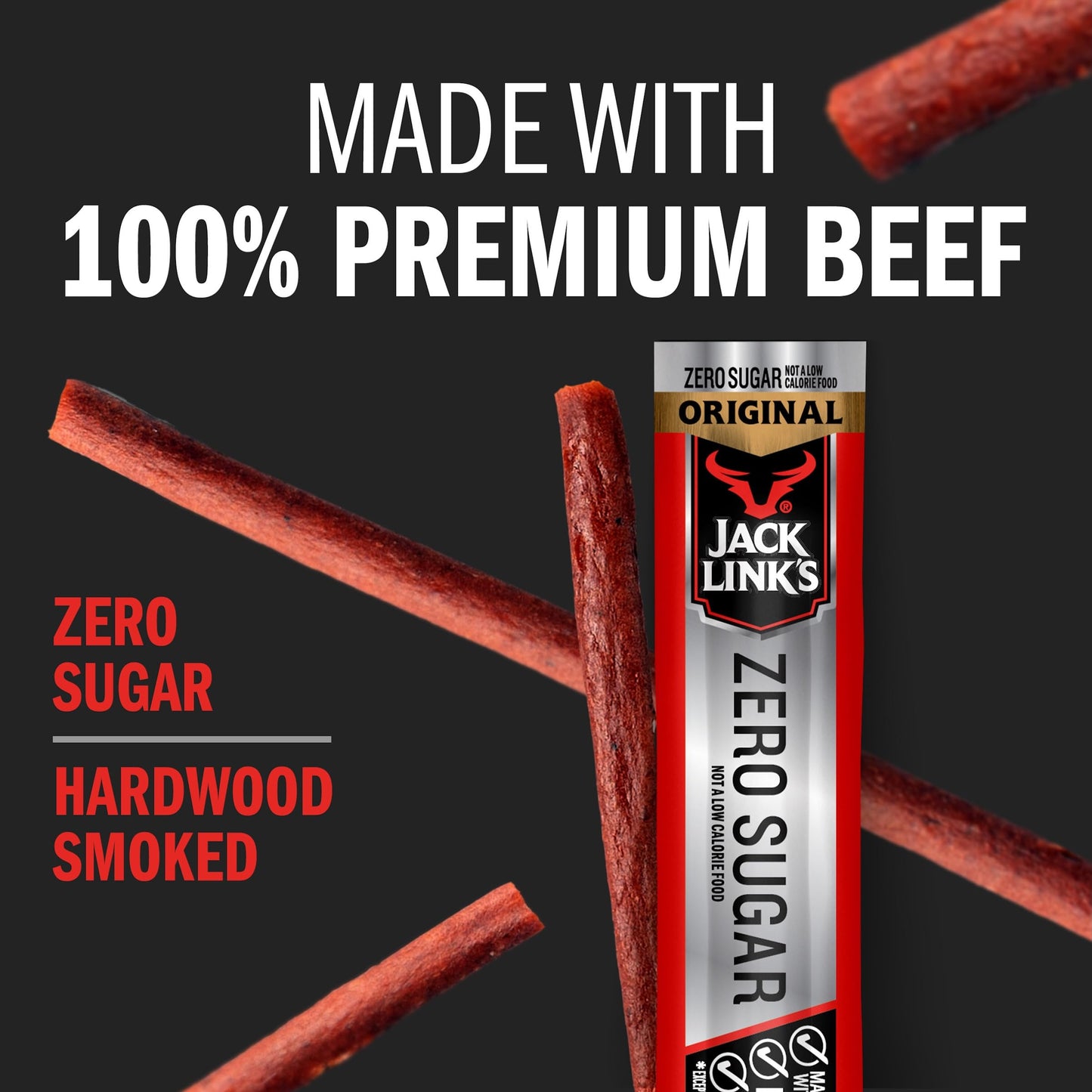 Jack Link's Beef Sticks, Original Zero Sugar - Protein Snack, Meat Stick with 5g of Protein, Meat Snack Sticks Made with 100% Beef, Keto & Paleo Diet Friendly, Individually Wrapped - 0.92 Oz. (20 Count)