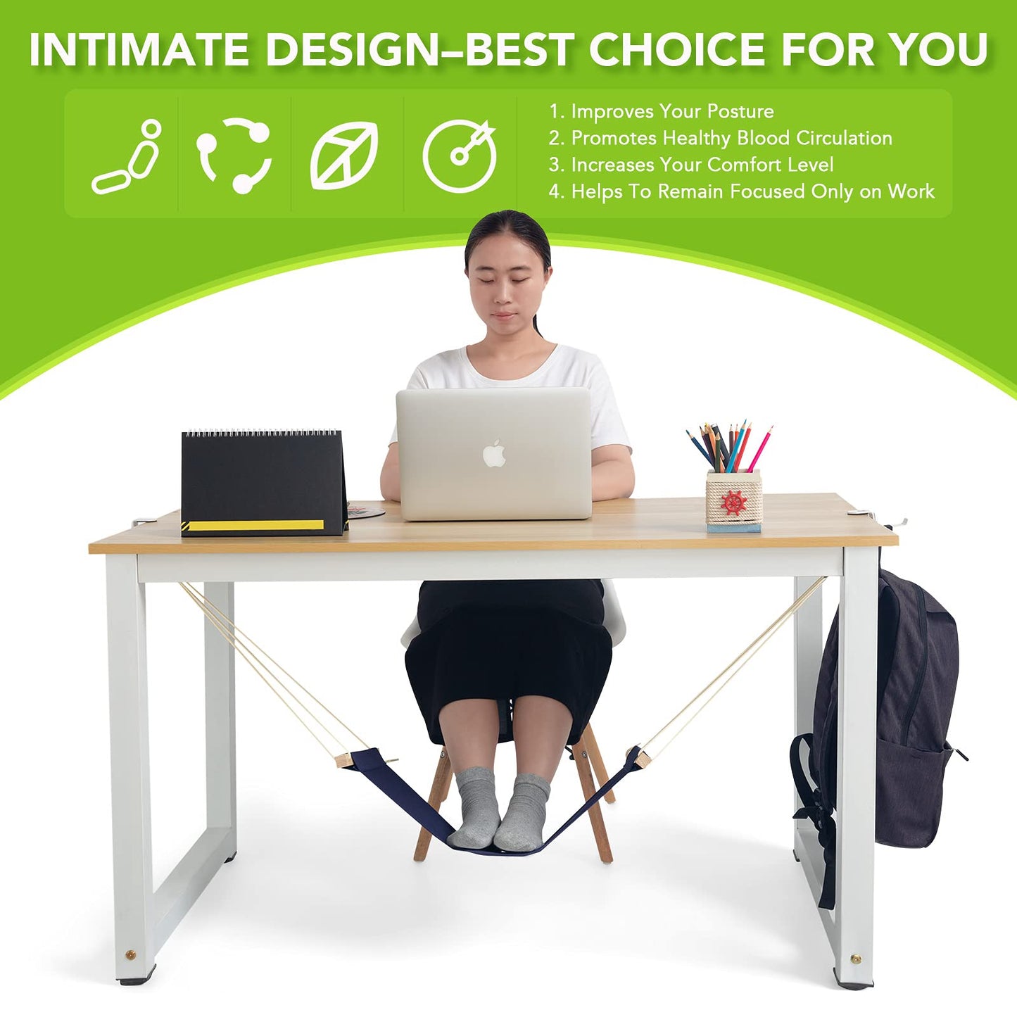 iMissiu Adjustable Office Foot Rest | Portable Under Desk Hammock with Headphones Holder (Blue)