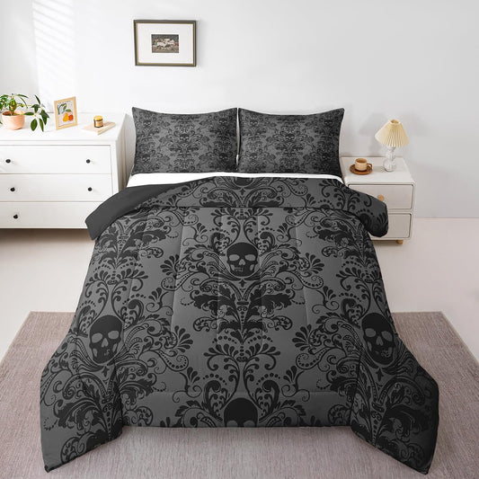 Adults Black Damask Bedding Comforter Sets Antique Victorian Baroque Queen Comforter Set Size Gothic Vintage Floral Quilt Exotic Sugar Skull Duvet Insert,Gothic Bone Skeleton Bohemian Decor,Grey