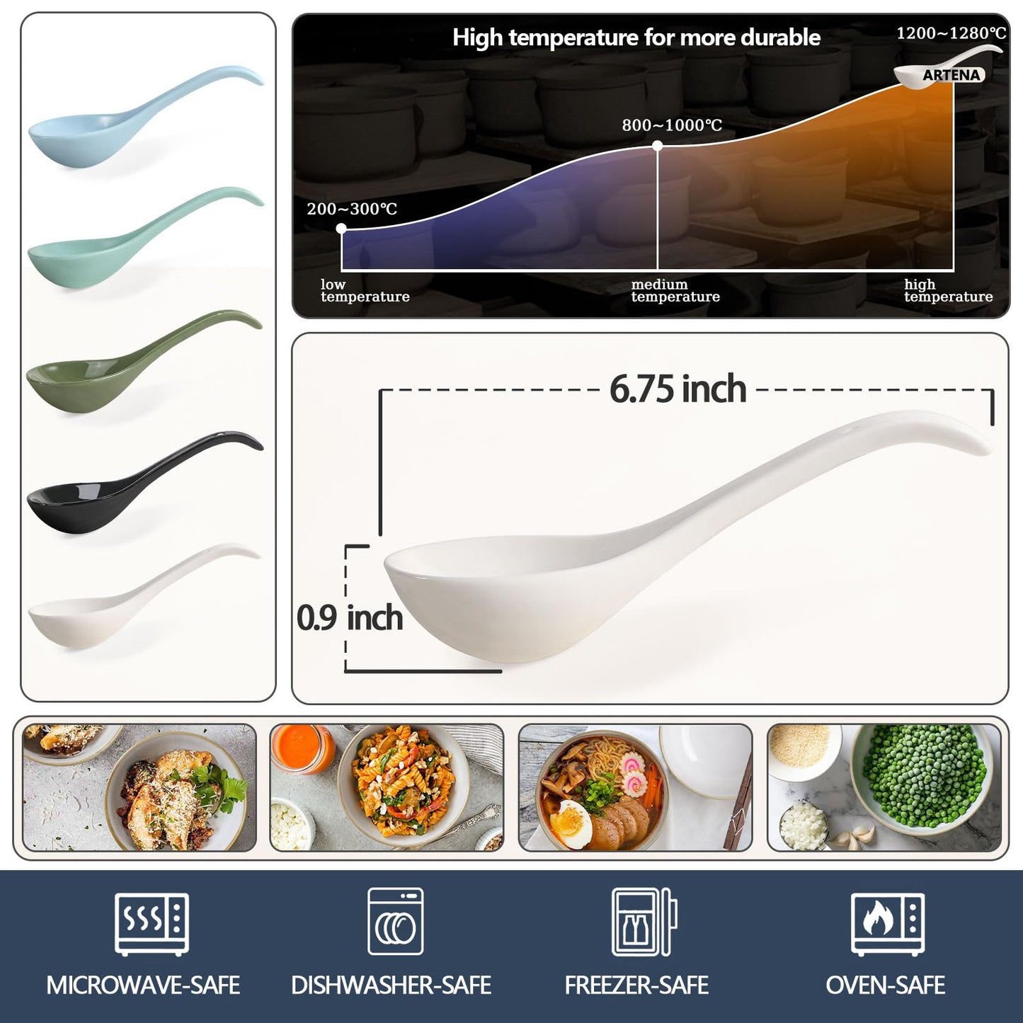 Artena Bright White 6.75 inch Asian Soup Spoons Set of 6, Ultra-fine Porcelain Tablespoon, Chinese/Japanese Kitchen Soup Spoons for Cereal, Ramen Pho - Deep Oval Hook Design