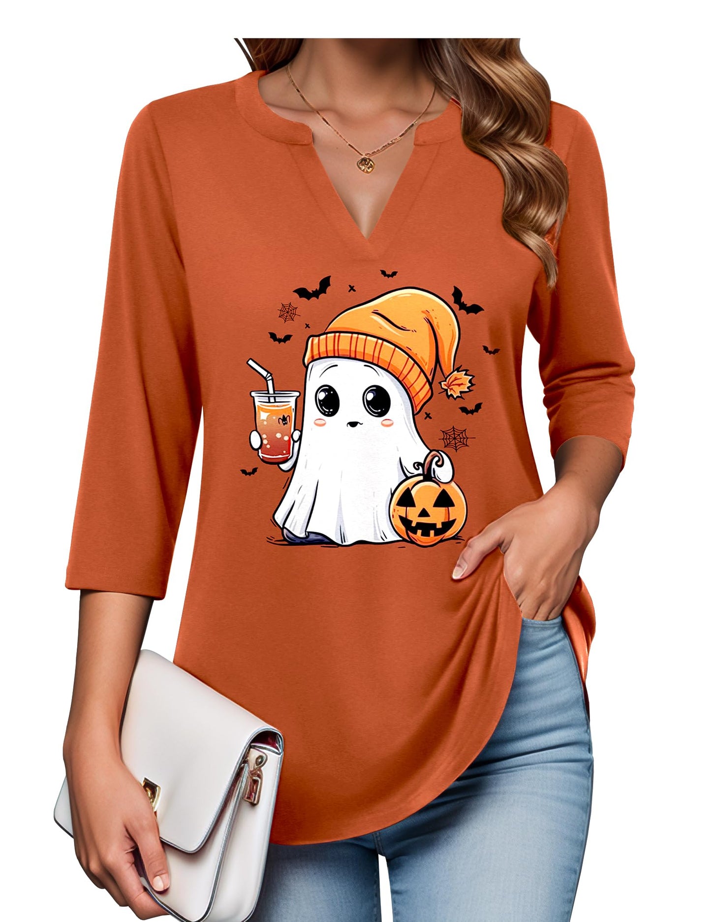 Zeagoo Tunic For Women 3/4 Sleeve Tops Halloween Thanksgiving V Neck Shirts Orange Spooky XXXL