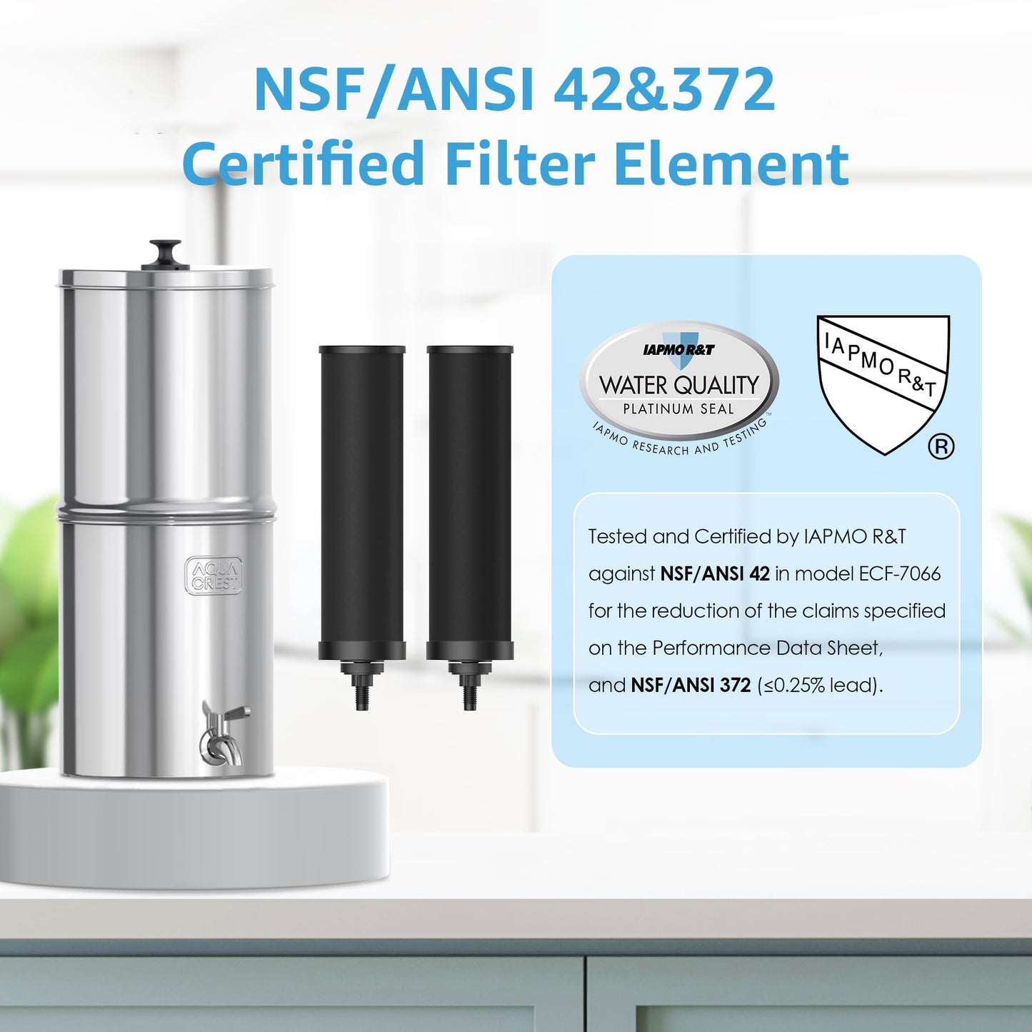 AQUA CREST Gravity Water Filter System, NSF/ANSI 42&372 Certified Black Carbon Filters, Reduce Lead and Up to 99% Chlorine, 2.25G, for Home, Camping, RVing, Off-Grid, Emergencies, AQ-TN-A