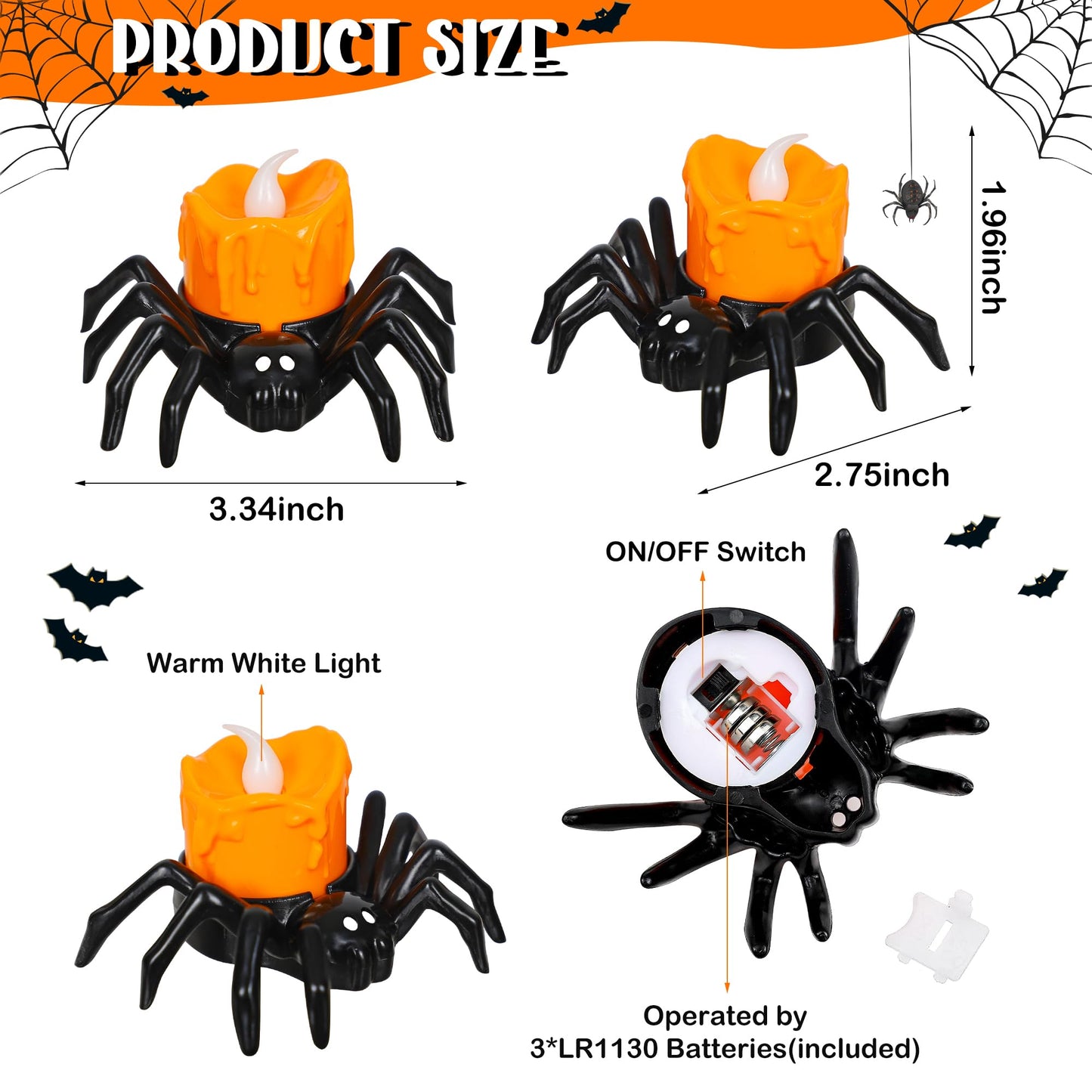 6 PCS Halloween Tea Lights Candles, Battery Operated Halloween's Flameless LED Candles, Spider Tealights Spooky Electric Flickering Fake Candle for Halloween Party Decorations