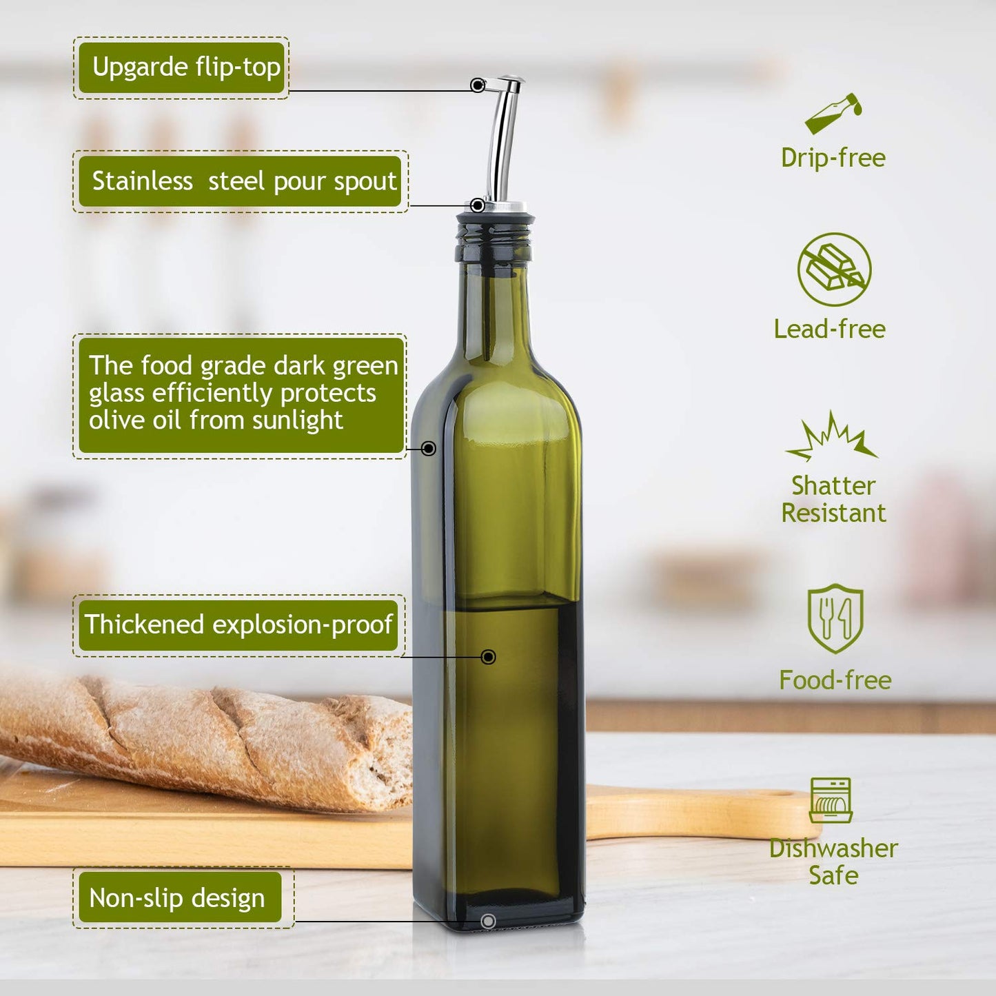 AOZITA Glass Olive Oil Dispenser Bottle Set - 500ml Dark Green Oil & Vinegar Cruet Bottle with Pourers, Funnel and Labels - Olive Oil Carafe Decanter for Kitchen, 17 Oz (Pack of 2)
