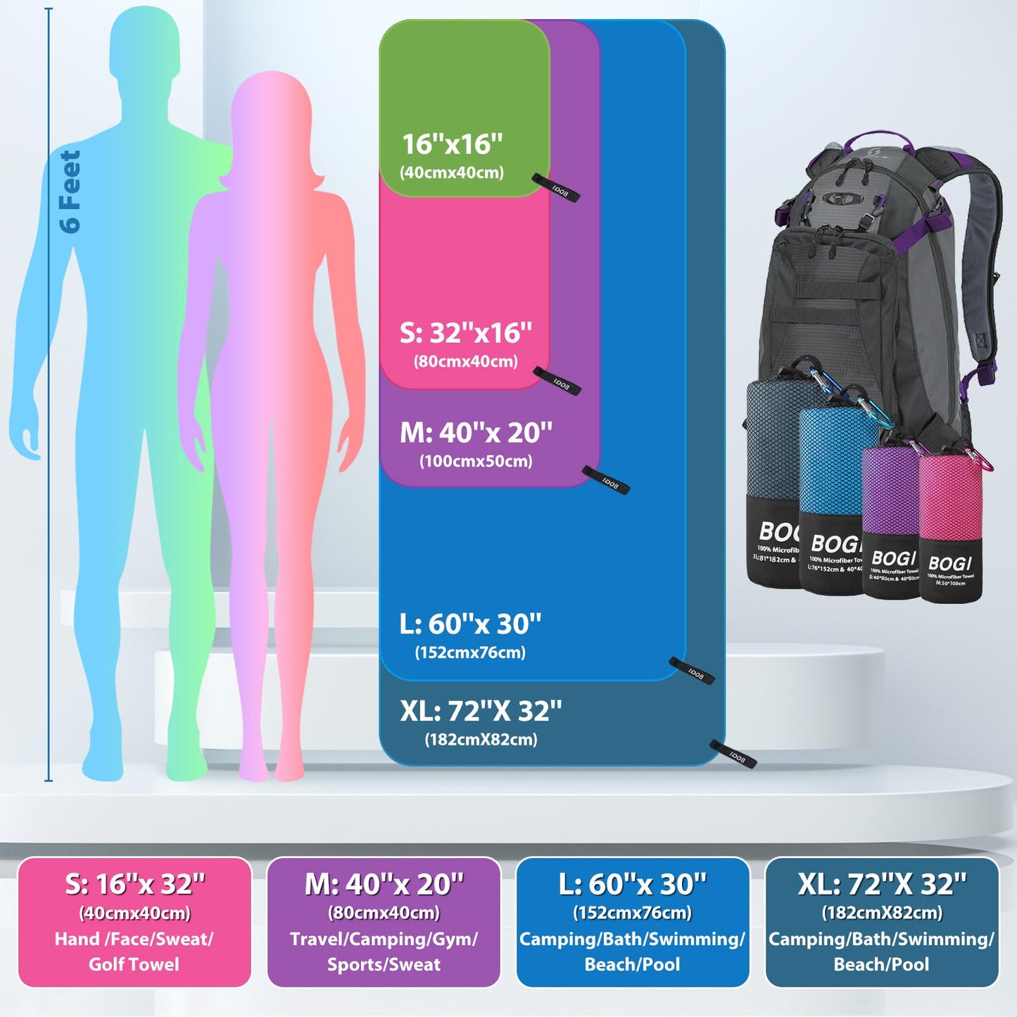 BOGI Microfiber Travel Sports Towel-Quick Dry Towel, Soft Lightweight Microfiber Camping Towel Absorbent Compact for Camping Gym Yoga Swimming Backpacking (L:60''x30''+16''x16''-Black)