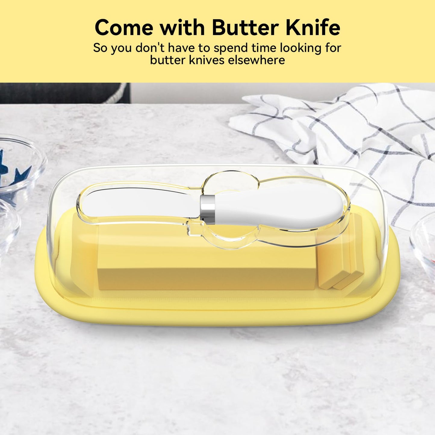Butter Dish with Lid and Knife for Countertop and Refrigerator, Butter Stick Holder with Airtight Transparent Cover that Keeps Butter Soft