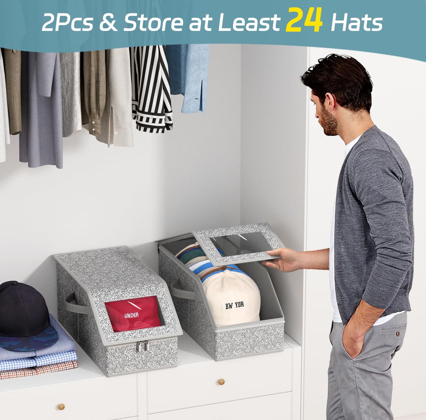 AOODA 2 PCS Stackable Hat Storage for Baseball Caps, Holds up to 24 Caps Hat Organizer for Closet, Sturdy Snapback Boxes for Men with Cardboard, Grey