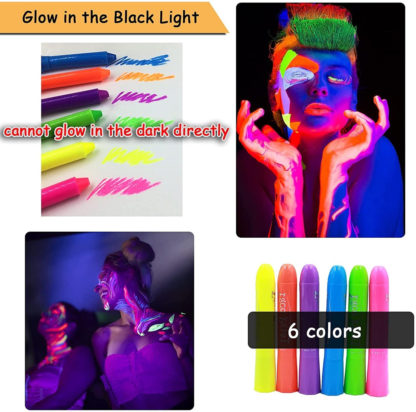 6 Pcs Glow in The Light Body Face Paint, Face Painting Kit, UV Crayon Kit Fluorescent Body Paints for Adults for Birthday Party Halloween Masquerade Makeup Outdoor for Kids