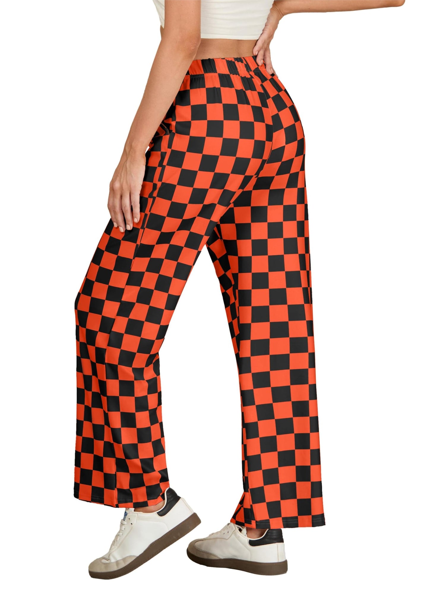 Women's Halloween Wide Leg Pants Checkered Casual Loose High Waist Loungewear Y2K Teen Gingham Sweatpants Summer Black Orange Plaid, L