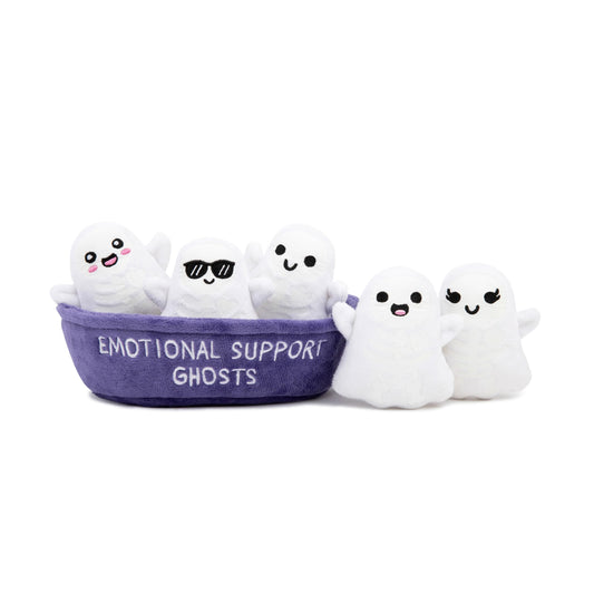 WHAT DO YOU MEME? Emotional Support Ghosts by Relatable, Cuddly Stuffed Animals, Plushies, and Cute Stuff, Great Gift Ideas for Loved Ones of All Ages, Includes 5 Plushies with Carrying Basket