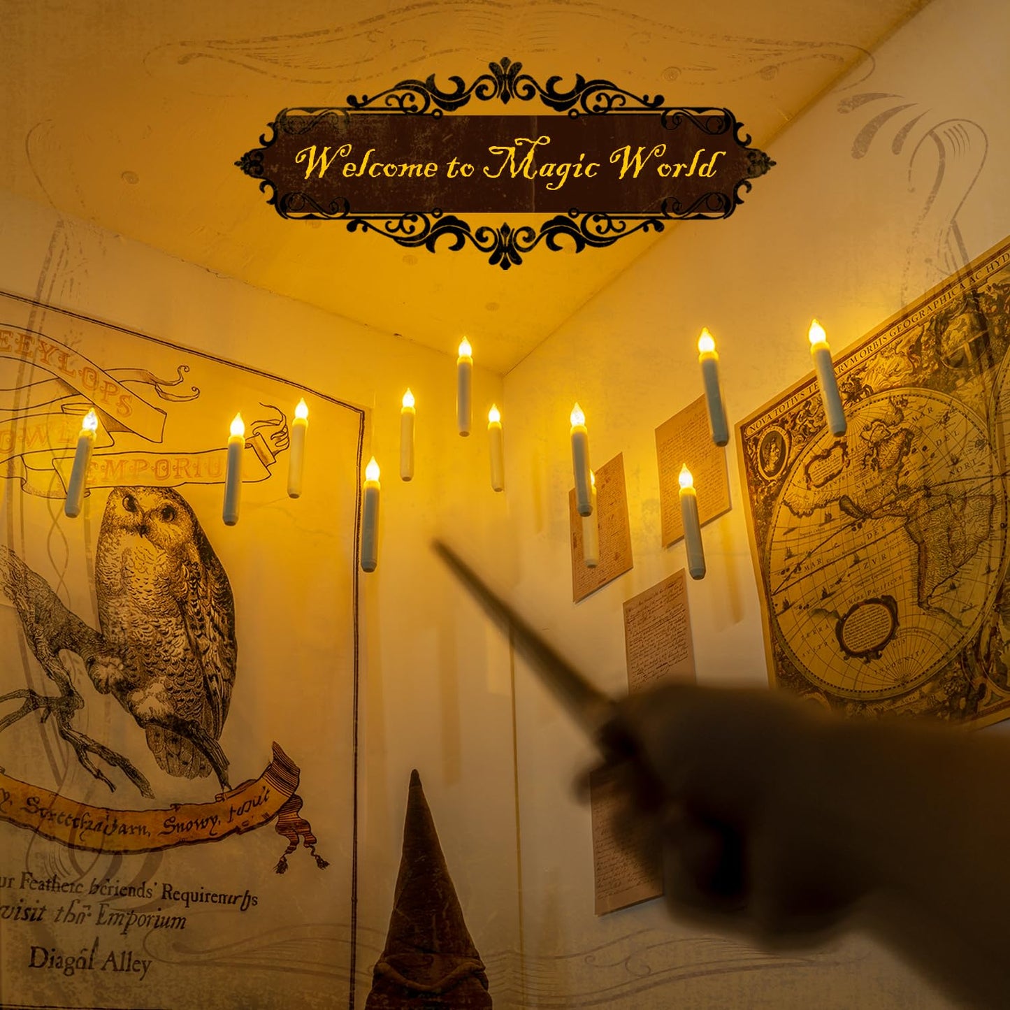 Homemory Hanging Floating Candles with Wand Remote and String, 12 Pcs Flying Flameless LED Taper Candles Warm White Light, Battery Operated Window Candles with Wand for Halloween Christmas Party