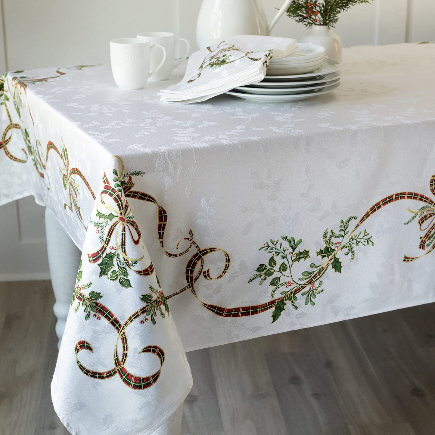 Benson Mills Merry Ribbons Engineered Printed Jacquard Fabric Christmas Table Cloth, Elegant Christmas Tablecloth for All Holiday and Winter (60" x 120" Rectangular)