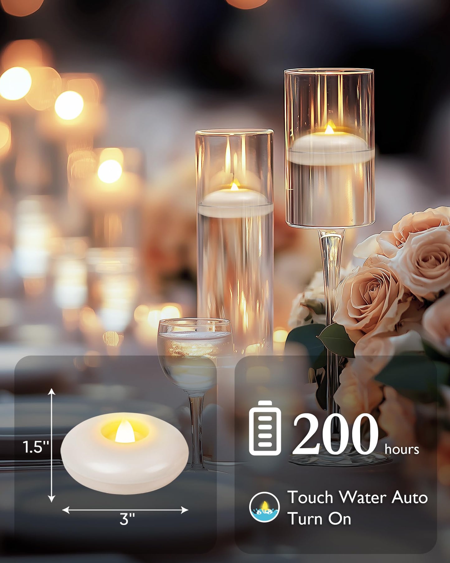 5plots Flameless Floating Candles 3 Inches White Waterproof Led Tealights for Wedding Vases Centerpieces Party Proposal Pool Decor Decoration 200 Hour (24 Pack)