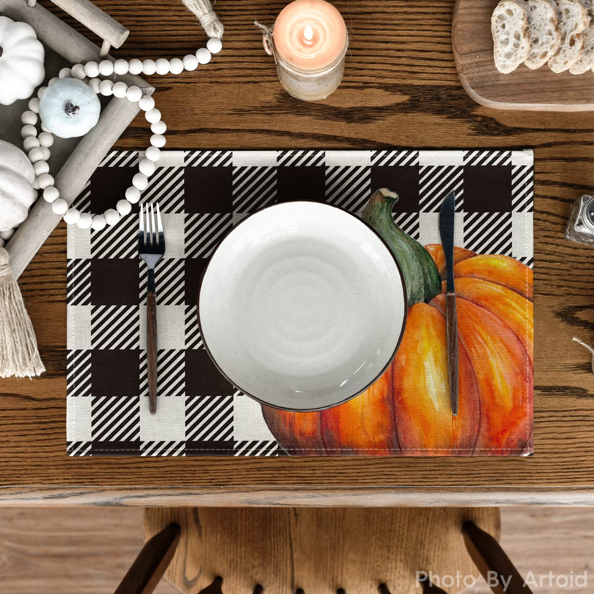 Artoid Mode Hello Fall Pumpkin Maple Leaves Buffalo Plaid Placemats for Dining Table, 12 x 18 Inch Seasonal Harvest Holiday Rustic Vintage Thanksgiving Washable Table Mats Set of 4
