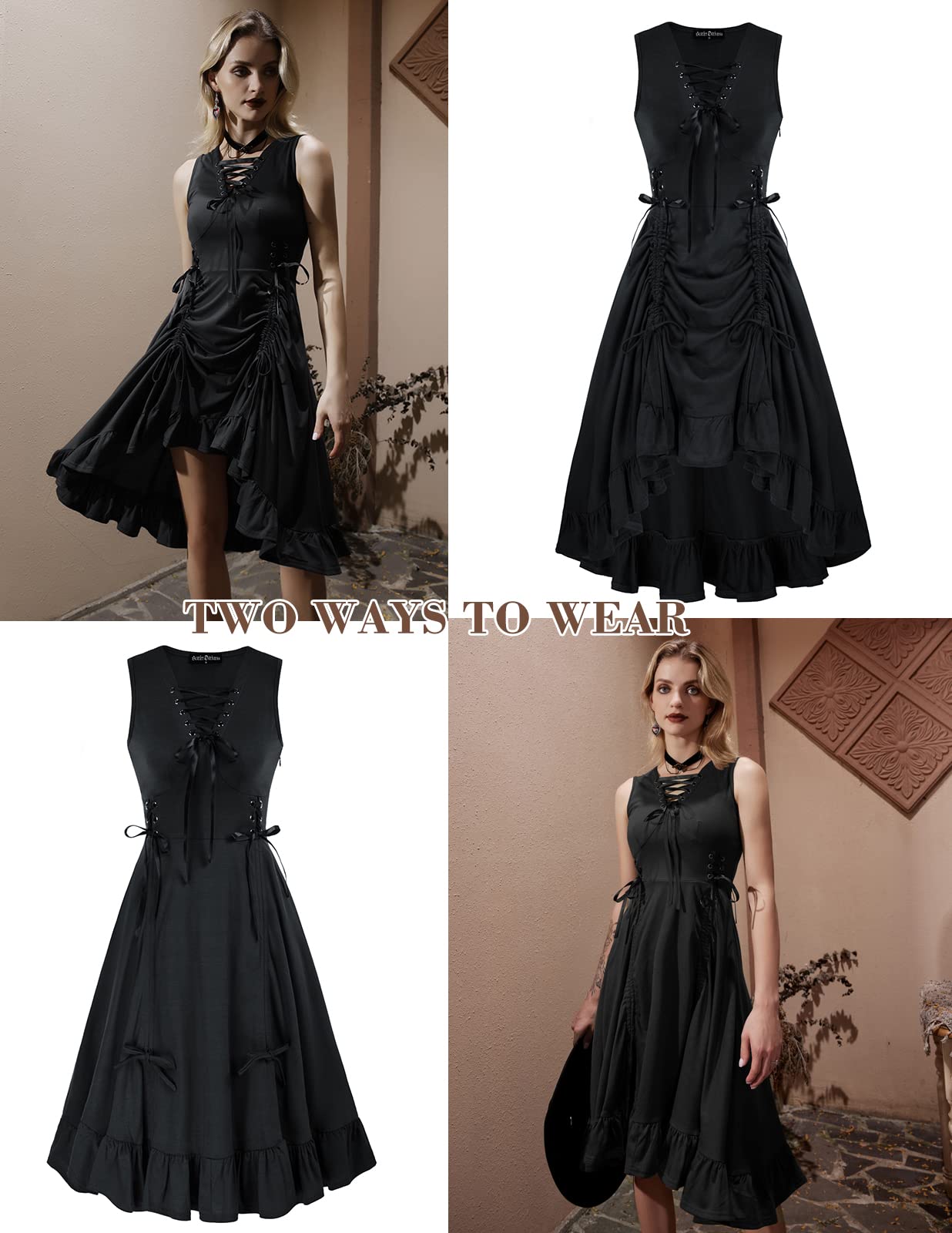 Women Steampunk Dress Lace Up V Neck Ruffle Hem Sleeveless Dress for Halloween Black M