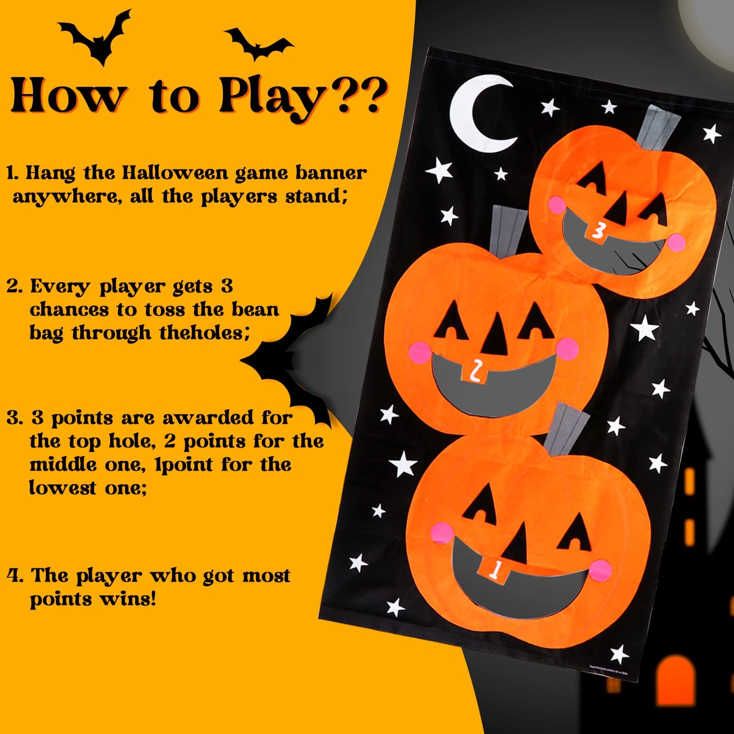 AerWo Halloween Toss Game, Pumpkin Bean Bag Toss Game with 3 Bean Bags, Kids Party Game, Perfect for Halloween Themed Party Supplies