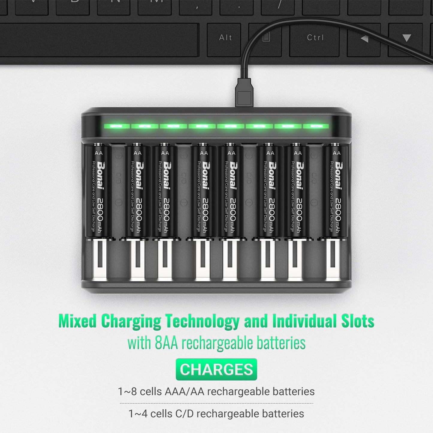 BONAI AA Rechargeable Batteries 2800mAh 8pack with Smart Charger for AA AAA C D NiMH Battery