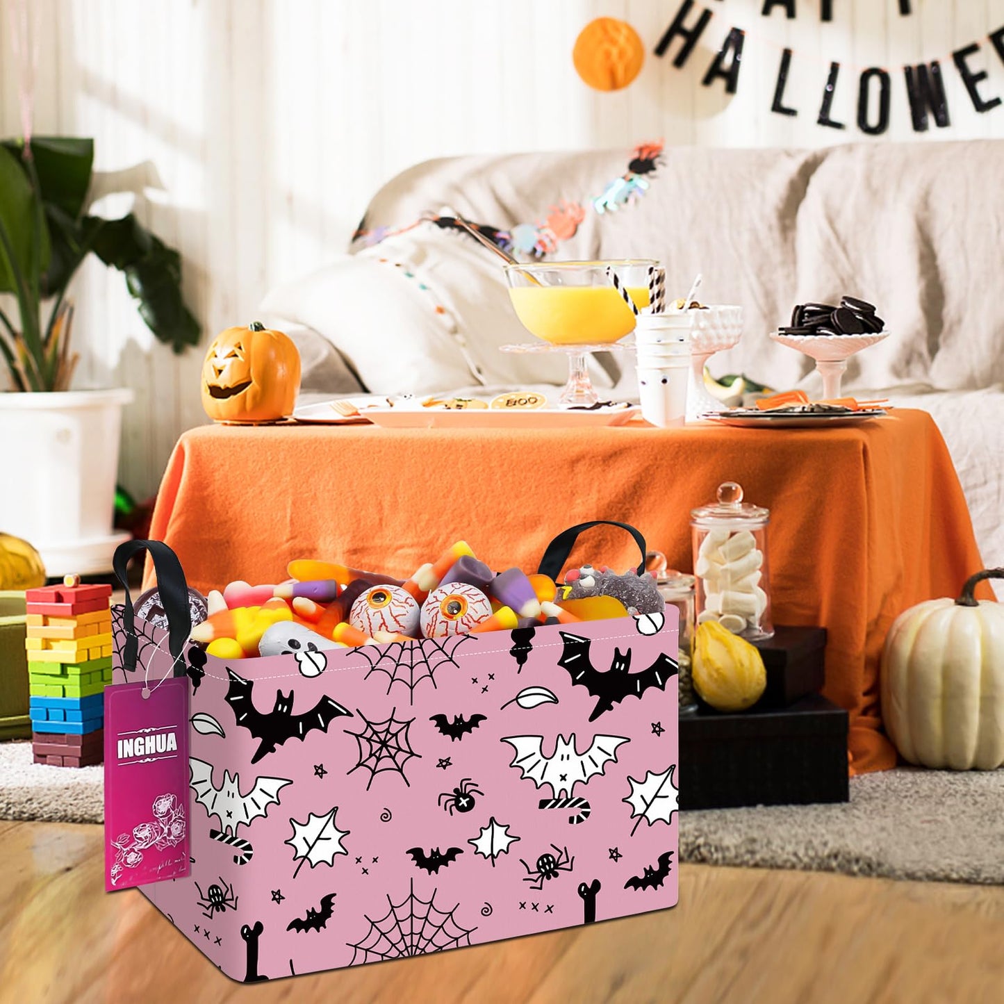 INGHUA Rectangular Halloween Storage Basket Fabric Organizer Bin for Toys,Books,Clothes,Gifts,Pets-Perfect for Home,Office,Nursery,Dorm,Shelf(Rec-Bats )