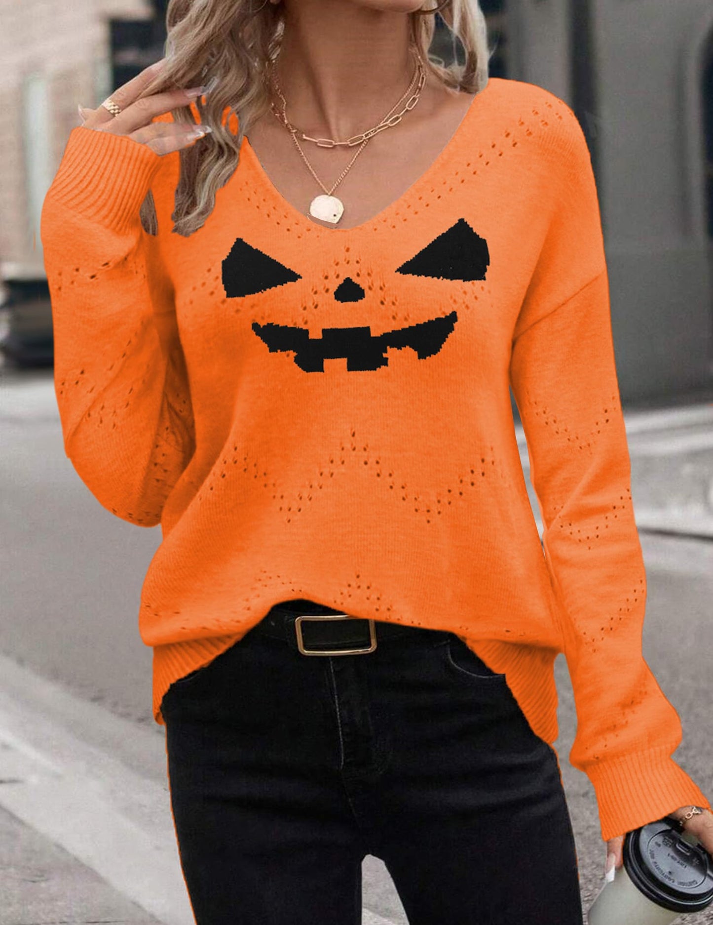 Zeagoo Halloween Sweaters for Women Crochet V Neck Long Sleeve Tops Soft Thin Lightweight Pullover Sweater Tops XL