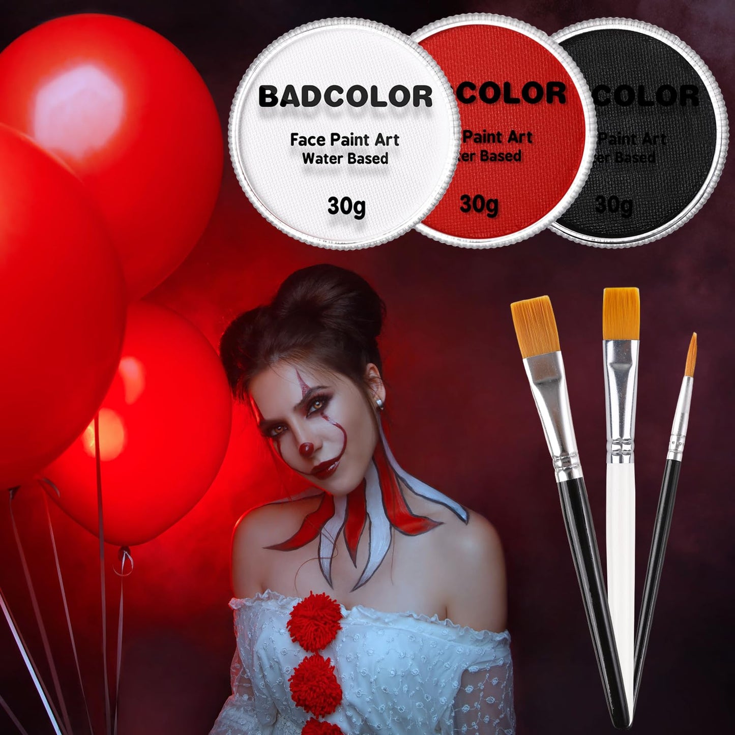 White Black Red Joker Clown Face Body Paint with Brushes for Halloween Makeup, Water Based Face Painting Kit Non Toxic for Kids & Adults, Facepaint Set for Skull Witch Goth Vampire SFX Cosplay Make Up