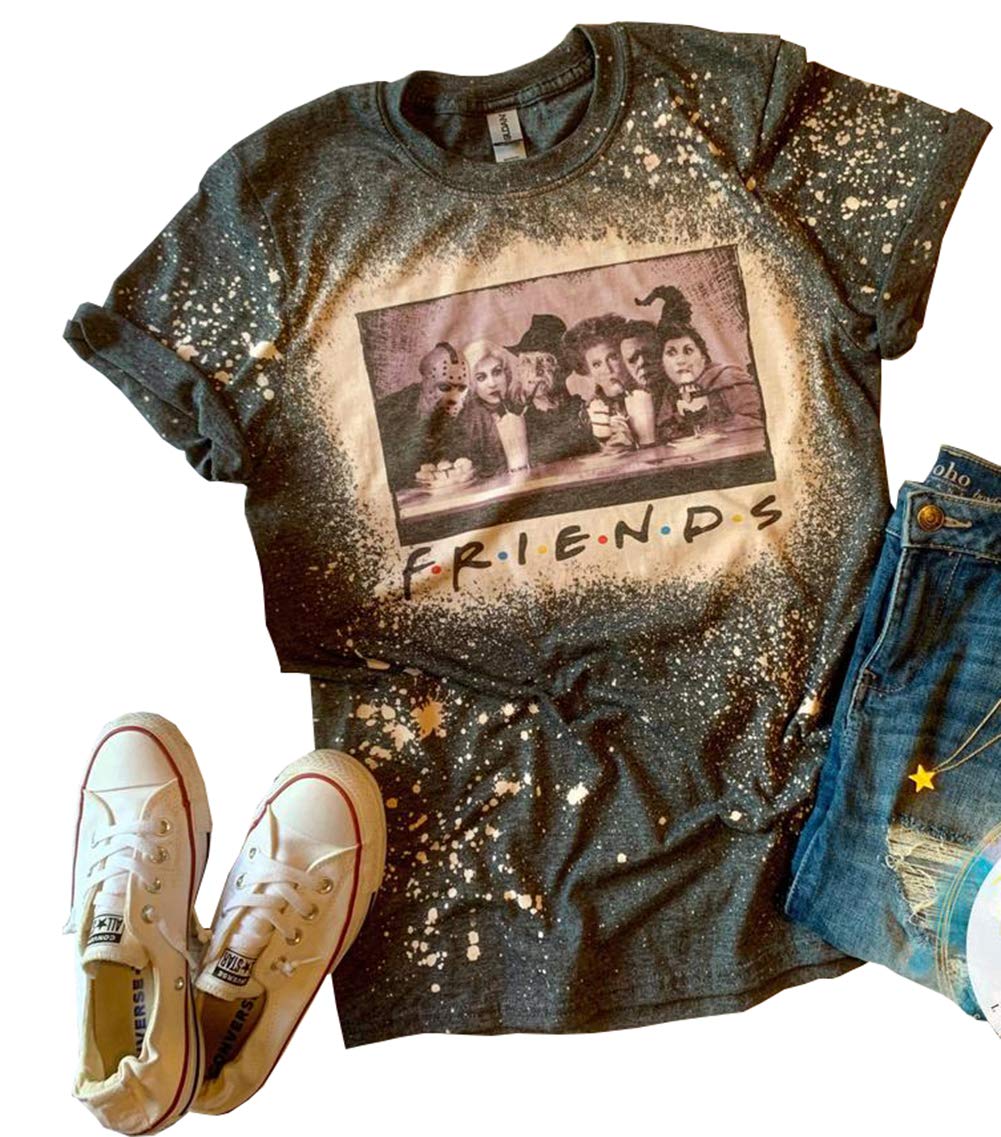 Women Friends Halloween T-Shirt Stephen King Horror Movies Characters Graphic Tees Jason Squad Halloween Horror Shirt (XL, Tie Dye Gray)