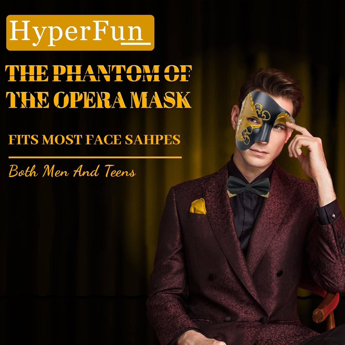 HyperFun Mens Masquerade Mask Phantom of The Opera Half Face Mask with Bowtie, Vintage Venetian Masks for Halloween Costume Party (Black Poets)