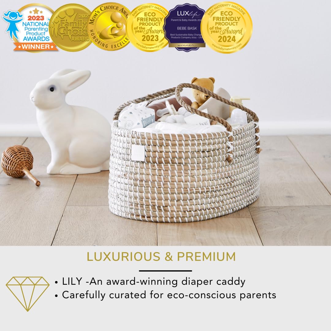 BEBE BASK Premium Baby Diaper Caddy Organizer - Handmade - Seagrass Basket With Cotton Divider - Award-Winning & Luxury Diaper Caddy Basket - White (NATURAL)