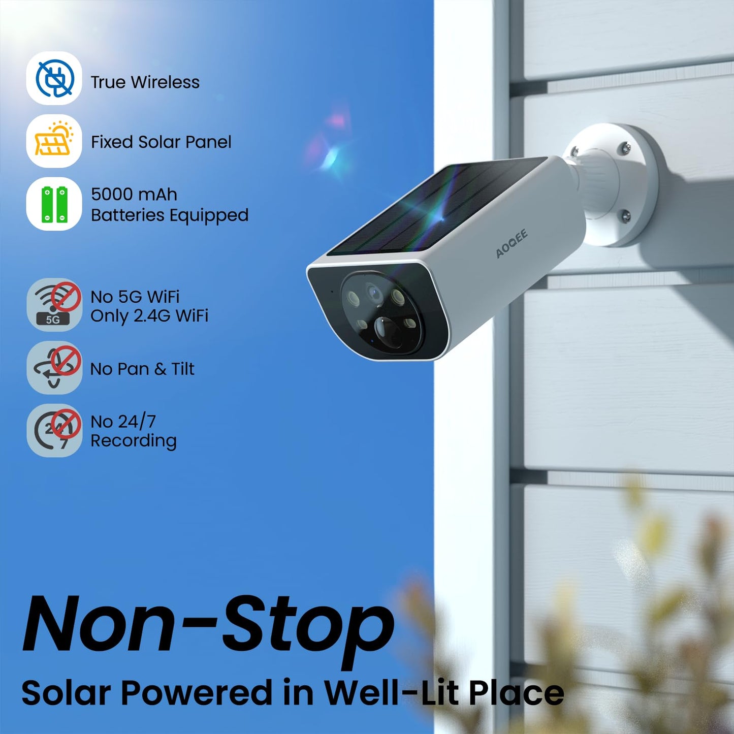 AOQEE Cameras for Home Security-2K Wireless Security Camera Outdoor with AI Motion Detection & Siren, Non-Stop Solar Powered Charging, Color Night Vision, SD/Cloud Storage, Waterproof, S1 4P