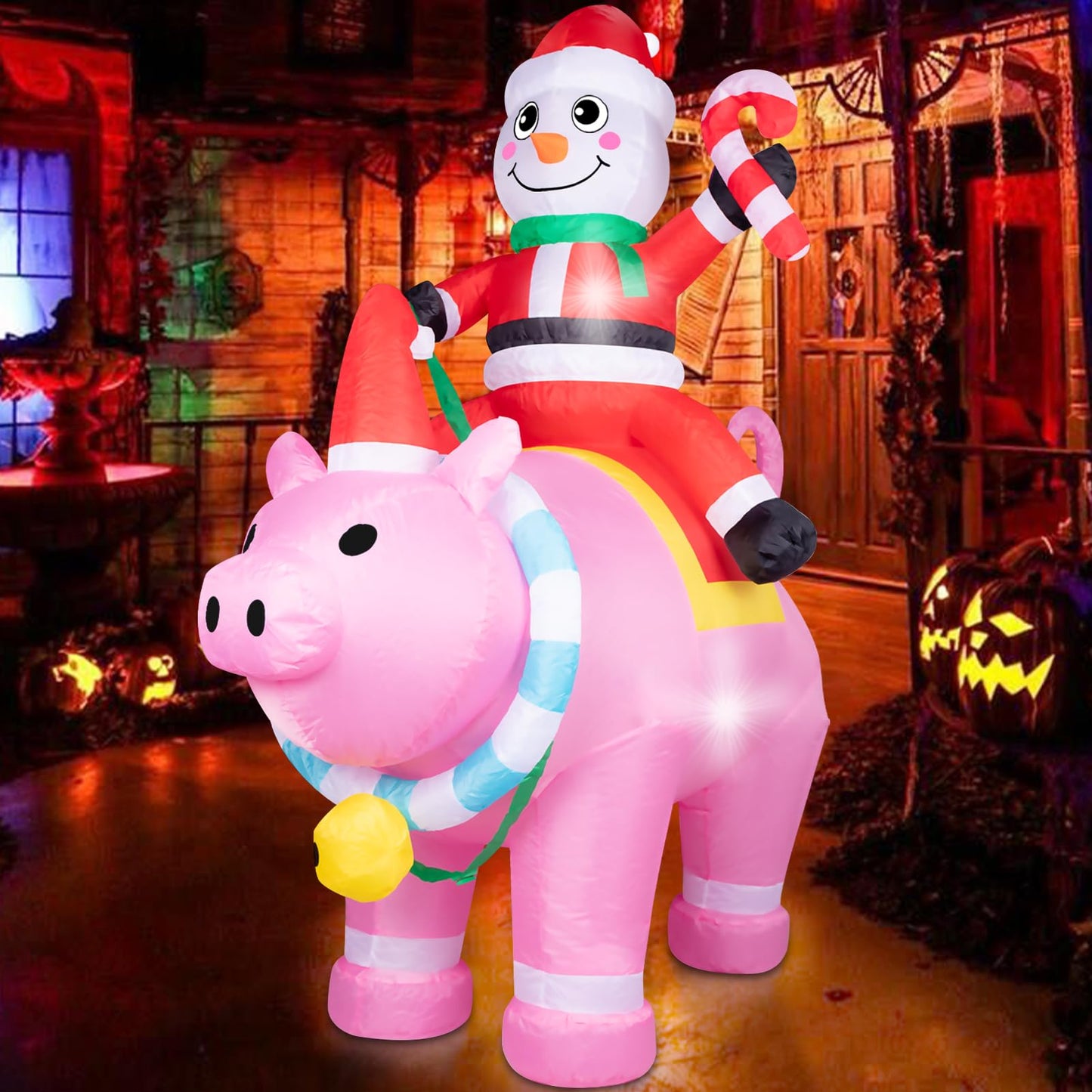 7FT Halloween Inflatables Cute Inflatable Halloween Inflatable Santa with Pink Pig Halloween Decorations Outdoor Halloween Blow Up for Yard, Outside, Built-in LED Lights with Tether