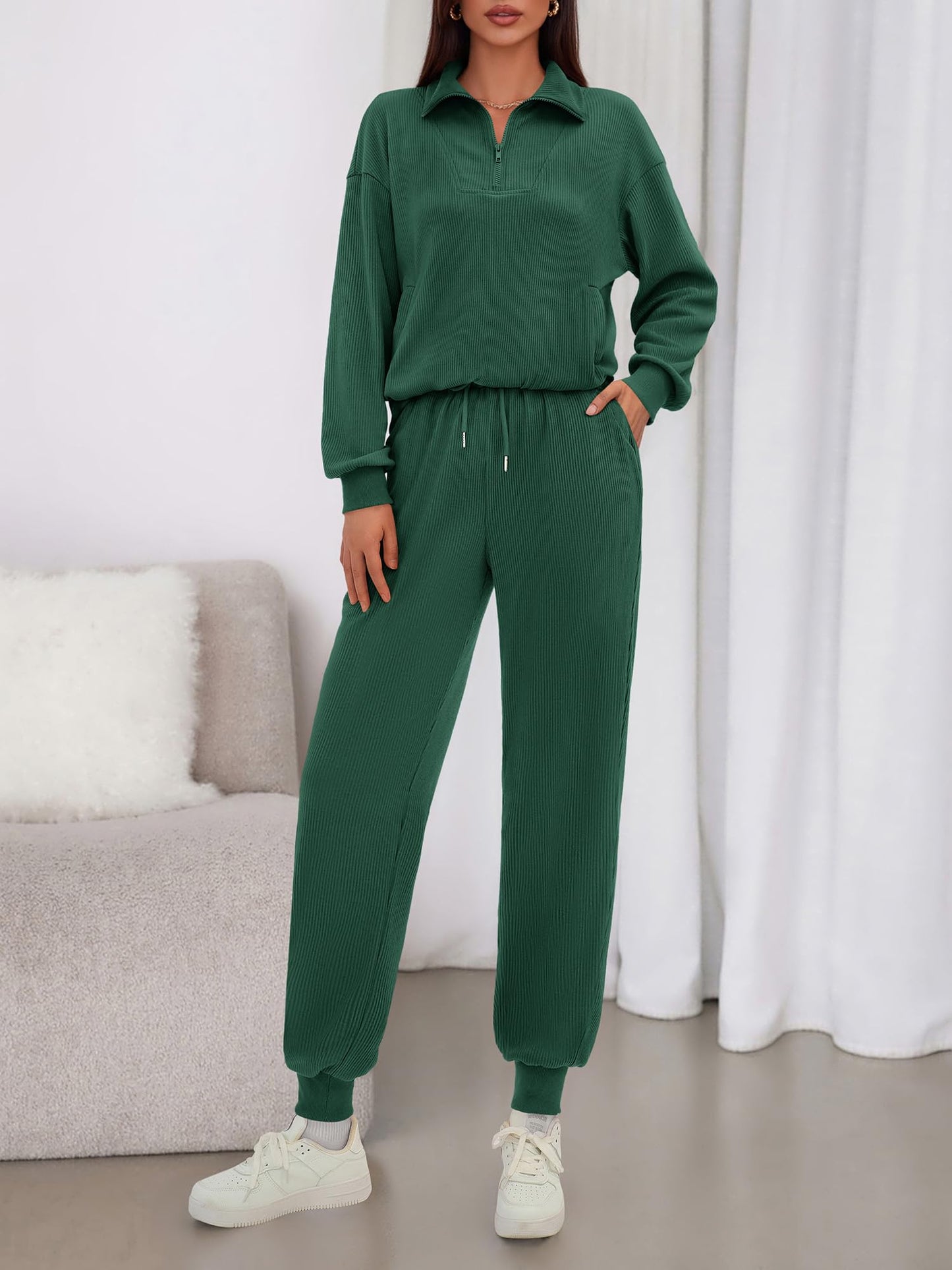 BTFBM Women's 2 Piece Tracksuit Fall Outfits 2025 Long Sleeve Half Zip Sweatshirt Sweatpants Lounge Set Sweatsuits(Solid Dark Green,Medium)