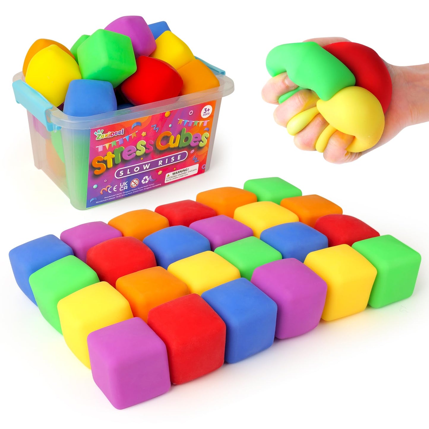 24 Pack Mini Slow Rise Stress Cube: Pull Stretch Fidget Toys for Anxiety Relief, Dough Squishy Toys Bulk for Kids, Classroom Prize Box Toys, Fidgets for Classroom, Hand Therapy Sensory Squishy Ball