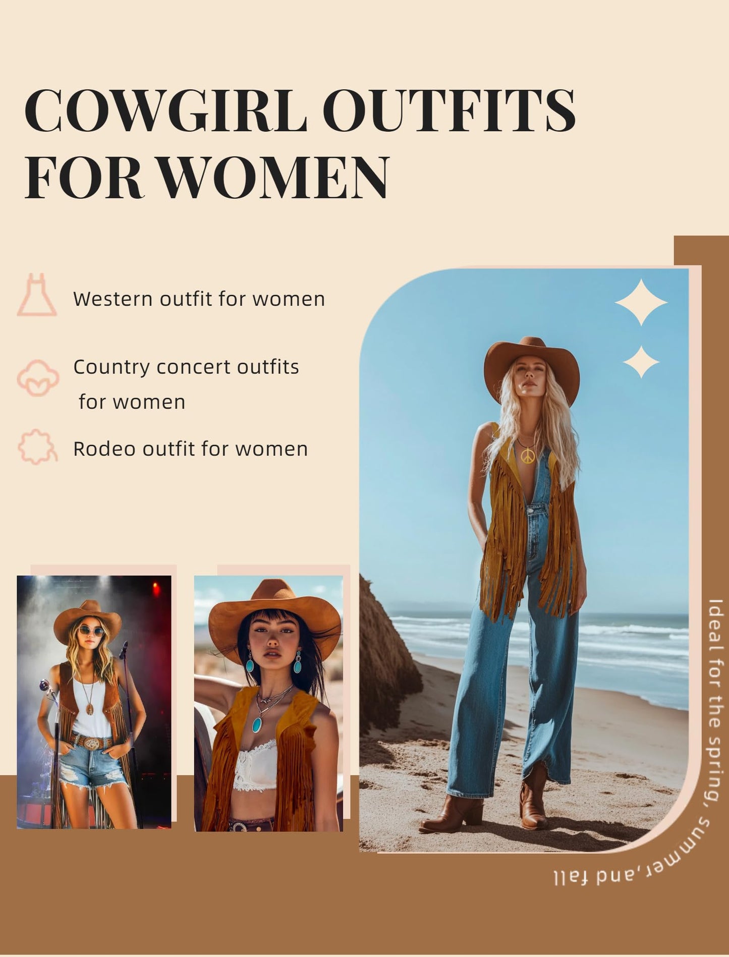 6 PC Cowgirl Western Outfits for Women Retro Cowgirl Costumes Fringe Vest Cow Girl Hat for Women Country 70s Hippie Outits (Brown, S)