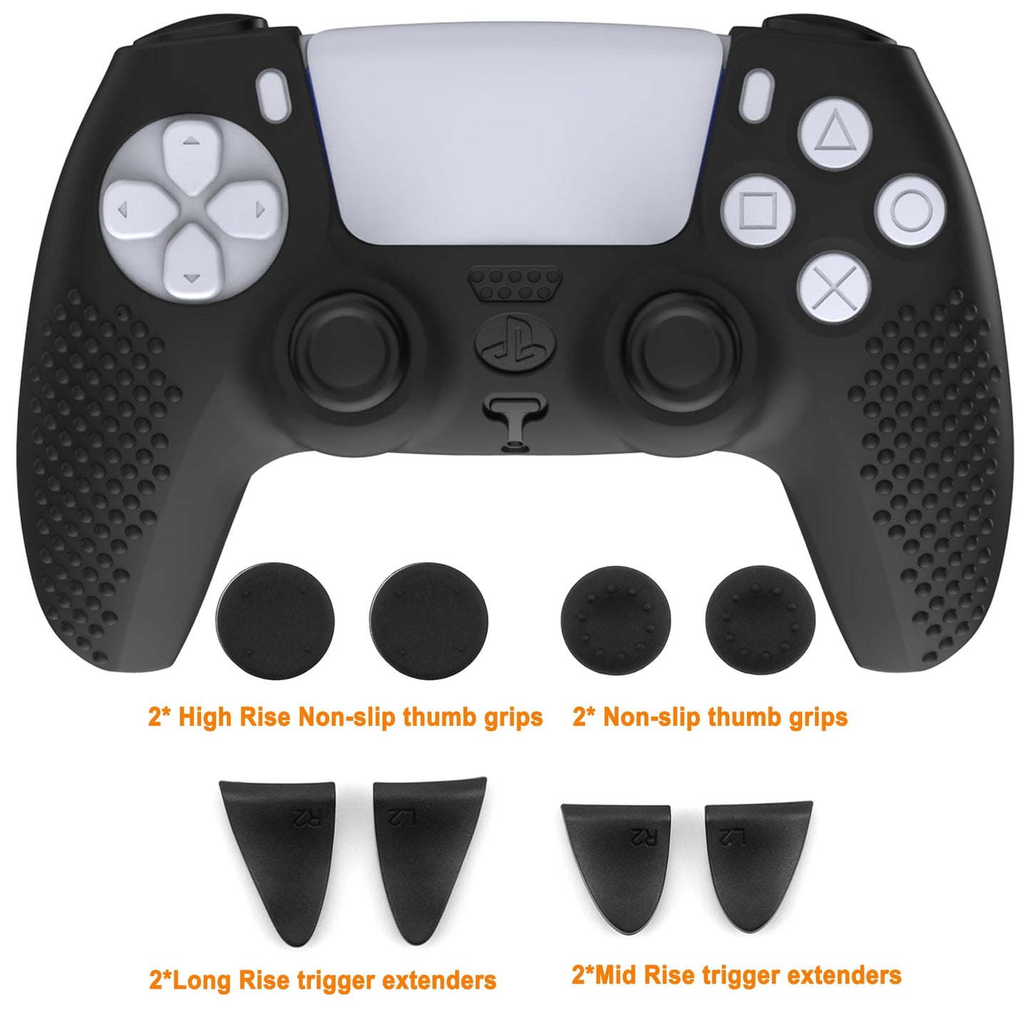 iCarp PS5 Controller Skin, Anti-Slip Soft Silicone Protective Cover Case for PlayStation 5 DualSense Wireless Controller, 1Pack with 4 Thumb Grip Caps and L2R2 Trigger Extenders (Black)