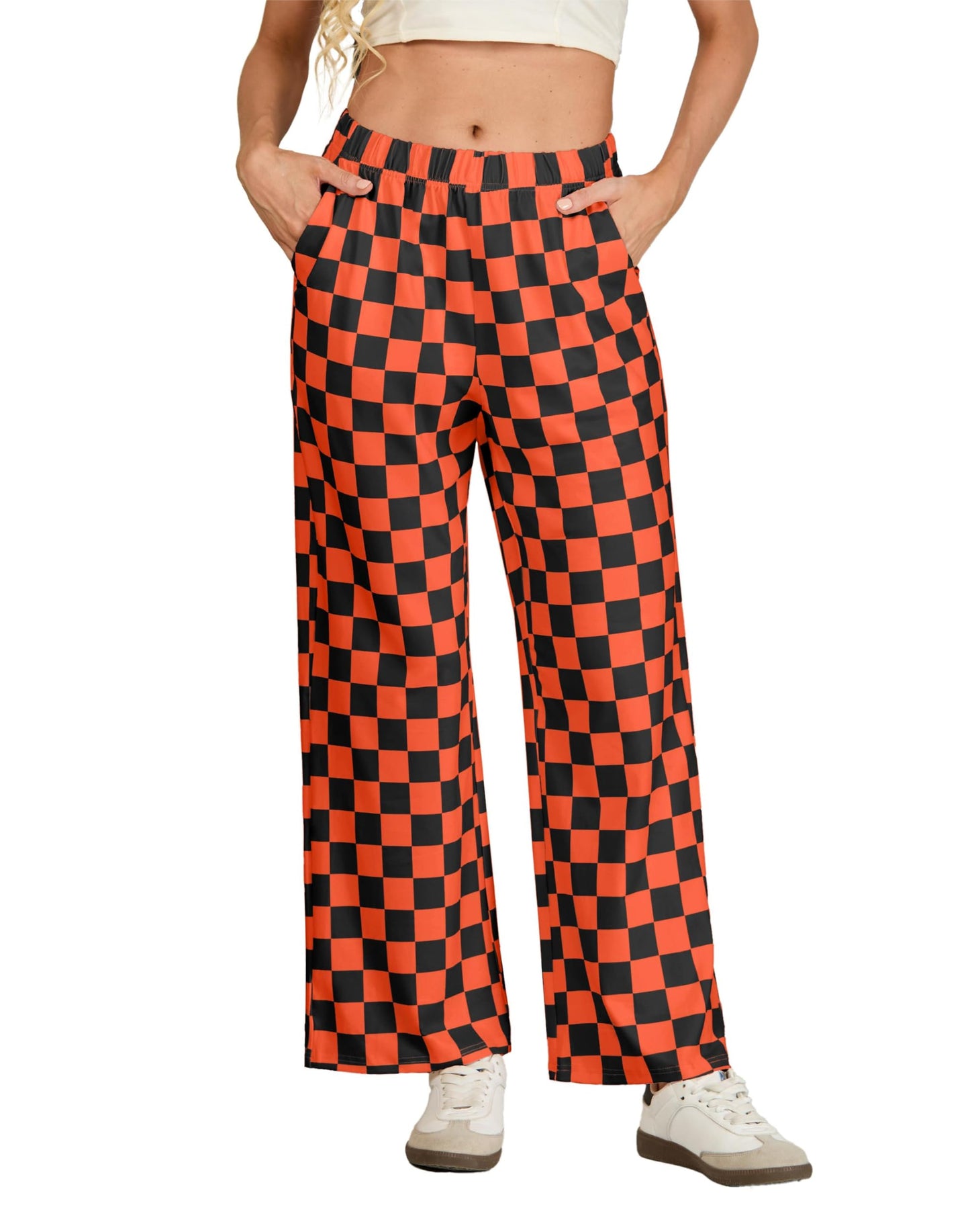 Women's Halloween Wide Leg Pants Checkered Casual Loose High Waist Loungewear Y2K Teen Gingham Sweatpants Summer Black Orange Plaid, L