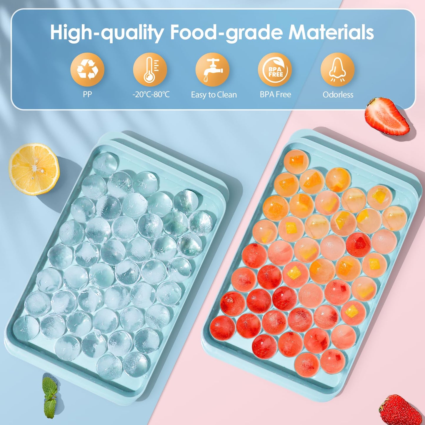 WIBIMEN Ice Cube Tray with Lid and Bin - Round Ice Trays for Freezer with Lid - Ice Cube Trays for Freezer with Ice Container (0.8"-2PACK Blue)