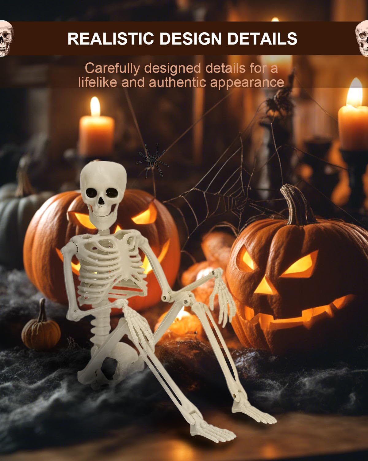 5 Pack Posable Skeleton Halloween Decorations, 16in Halloween Skeleton Decor- Full Body Movable Joints with 22 Spiders & Cobweb, Outdoor/Indoor Scary Party Graveyard Props Hanging Skeletons