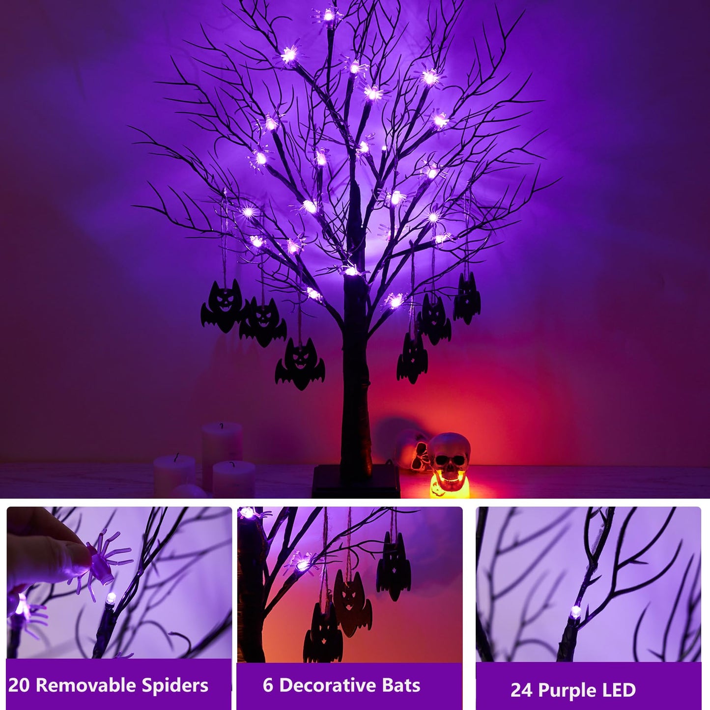 Beterzack 2FT Black Halloween Tree, Spooky Tree with 20 Spider & 24 Purple Lights and 6 Bat Decorations Battery Powered Tabletop Bonsai Tree Decoration for Halloween and Indoor