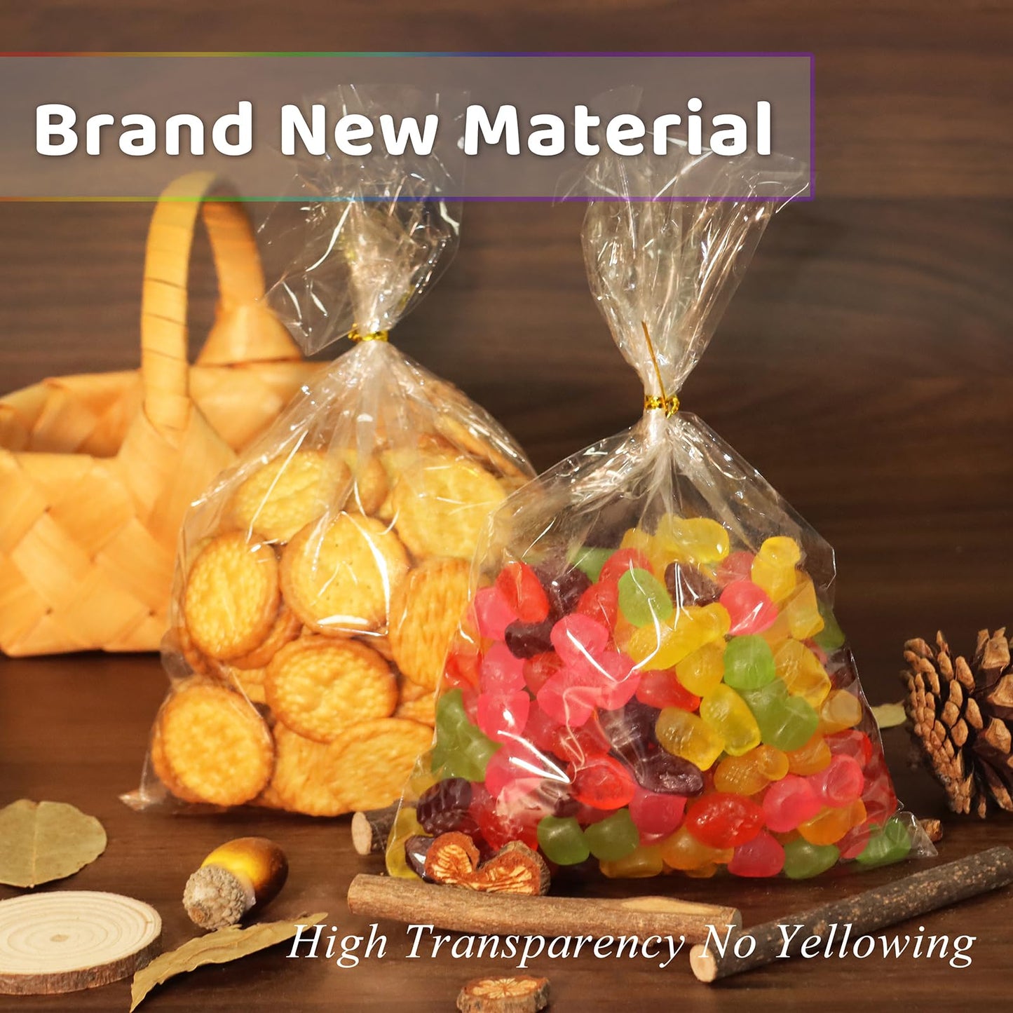 WIKDAY Cellophane Bags 50 PCS 10x14 Inches Clear Gift Gags with Ties Plastic Treat Party Favor Candy Bags for Gift Giving, Packaging Snack, Products