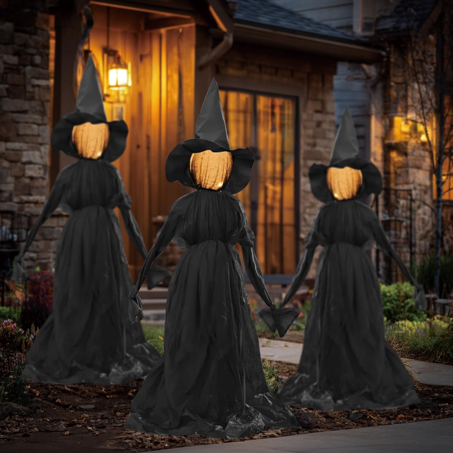 Hourleey Halloween Decorations Outdoor, 3 Pack 5 FT Holding Hands Lighted Witches Stakes with Glowing Face, Halloween Witch Decor for Yard Garden Lawn Porch Haunted House Party Props