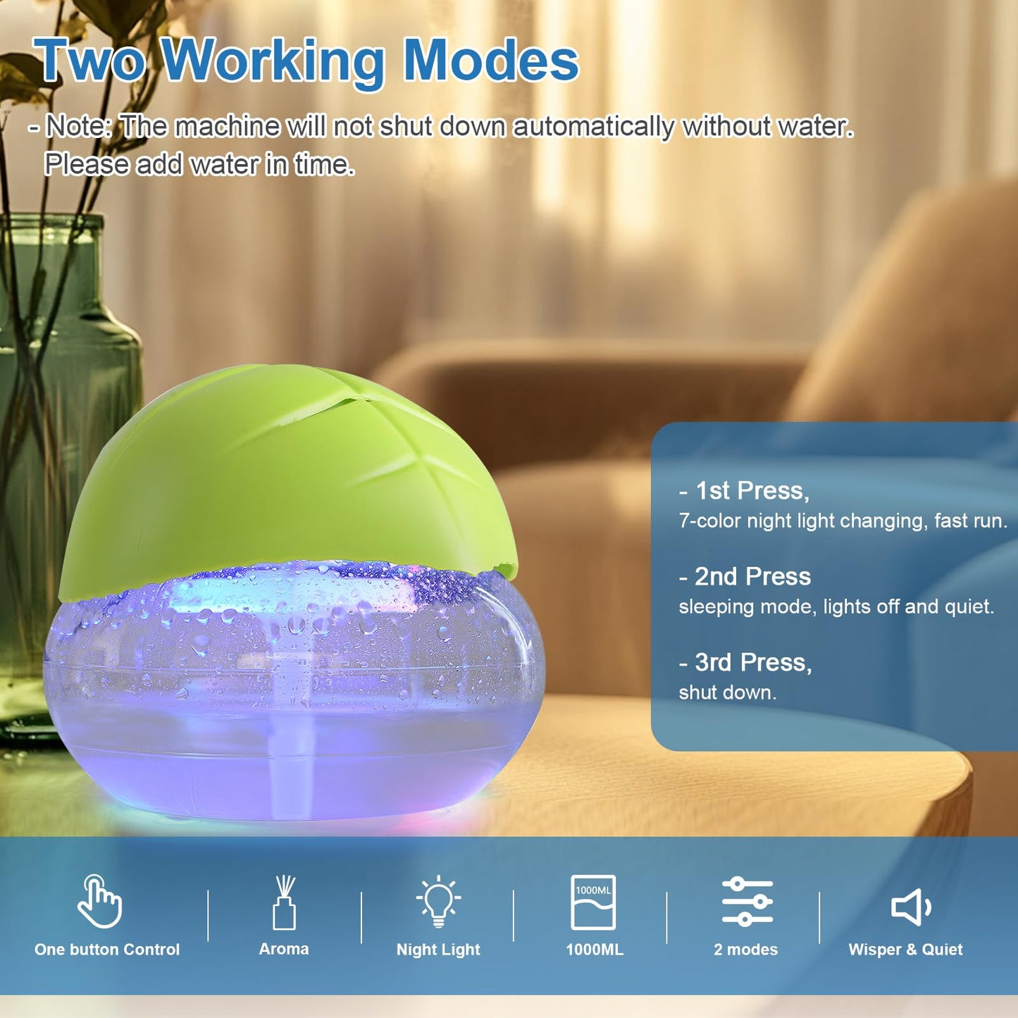 ap airpleasure Water-Based Purifier Air Washer, Air Revitalizer & Freshener, Air Fresher with 7 LED Color Changing Light for Rooms (Green)