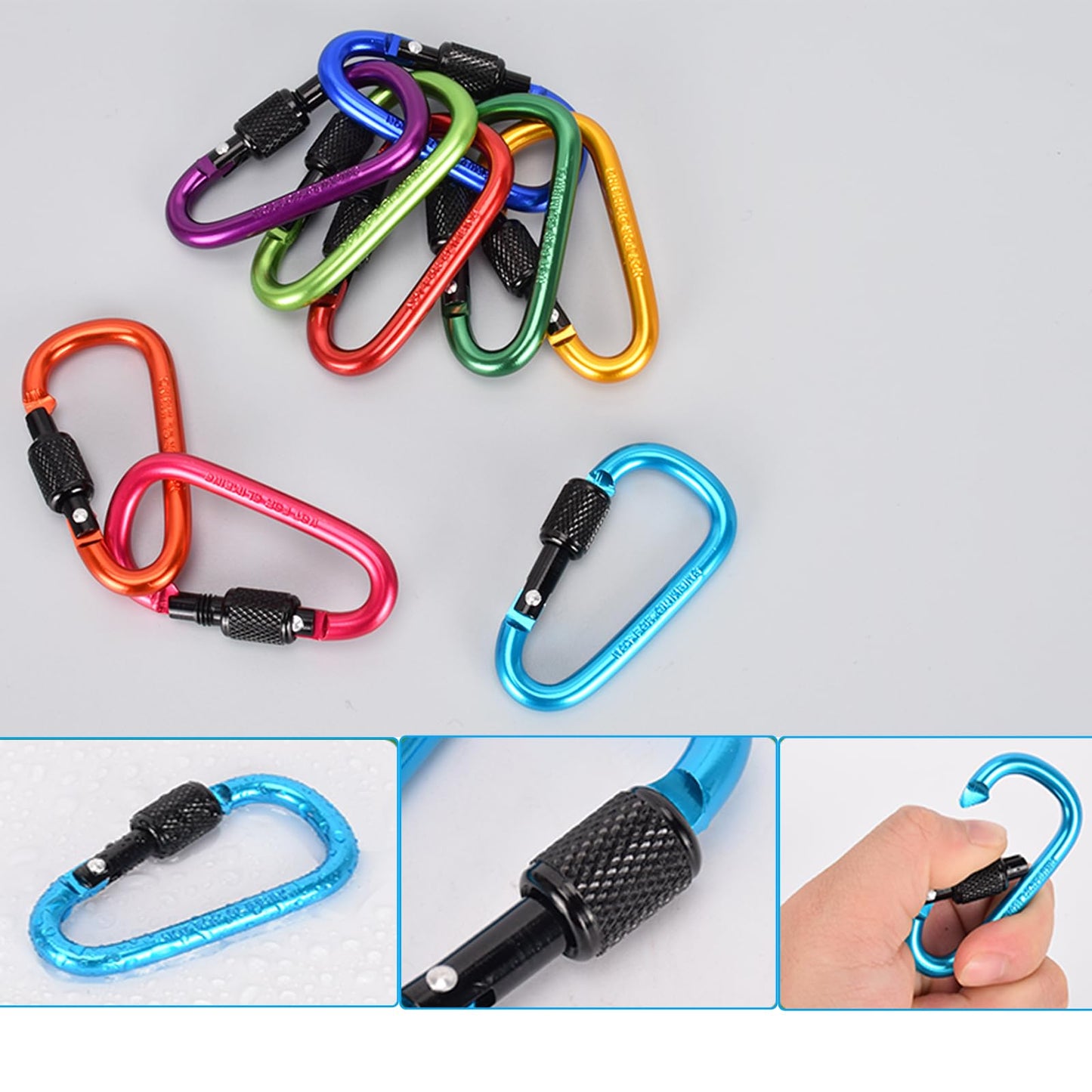 IEBUOBO 10 Pack Aluminum D Ring Key Rings Hiking Clips Locking Carabiner for Hiking Camping Fishing and Outdoor Use,Clips with Screw Gate Multicolored