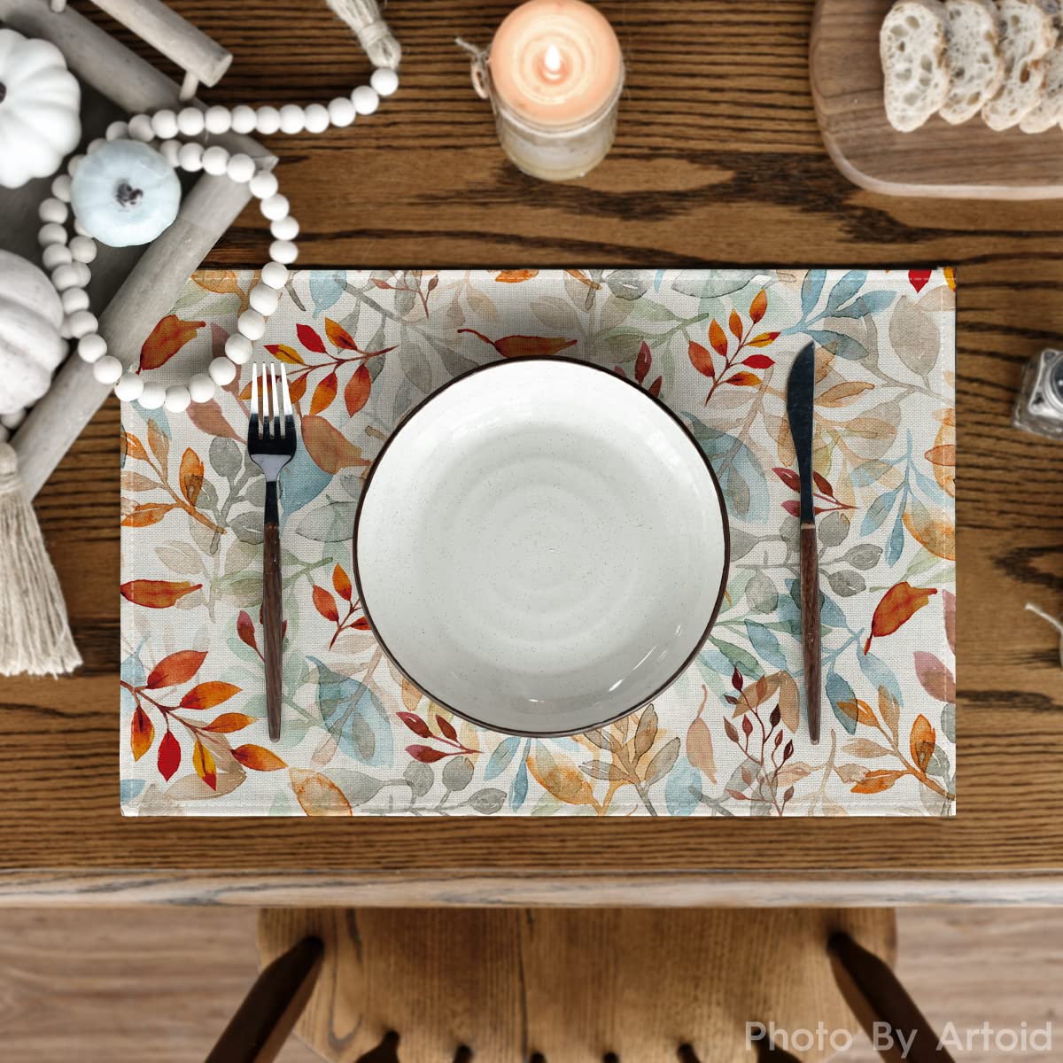 Artoid Mode Eucalyptus Leaves Fall Placemats Set of 4, 12x18 Inch Seasonal Autumn Harvest Table Mats for Outdoor Home Party Dining Decoration