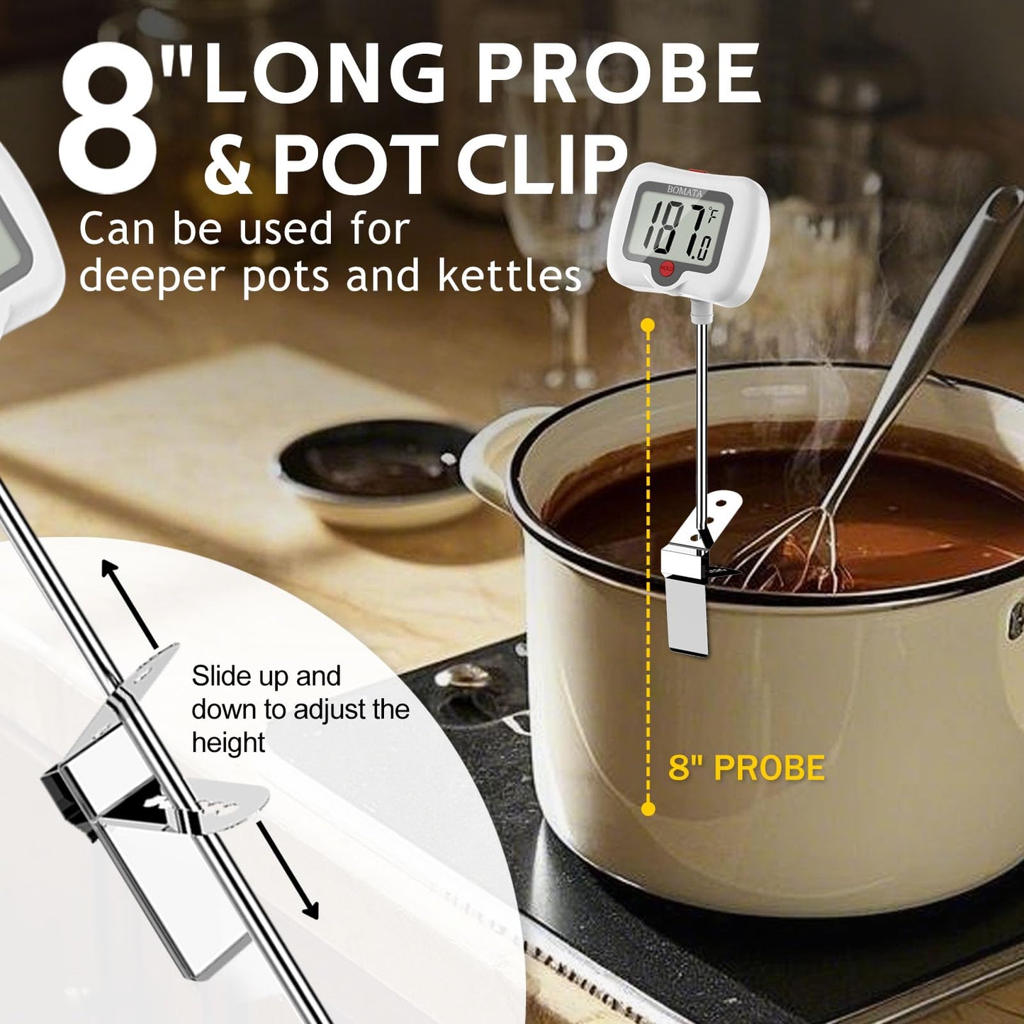 BOMATA Candy Thermometer with Pot Clip, Instant Read Cooking Thermometer with 8" Long Probe, Rotating Display, for Candy Making, Food, Candle Making, Liquids, Water, Baking, Sugar, Grilling. White
