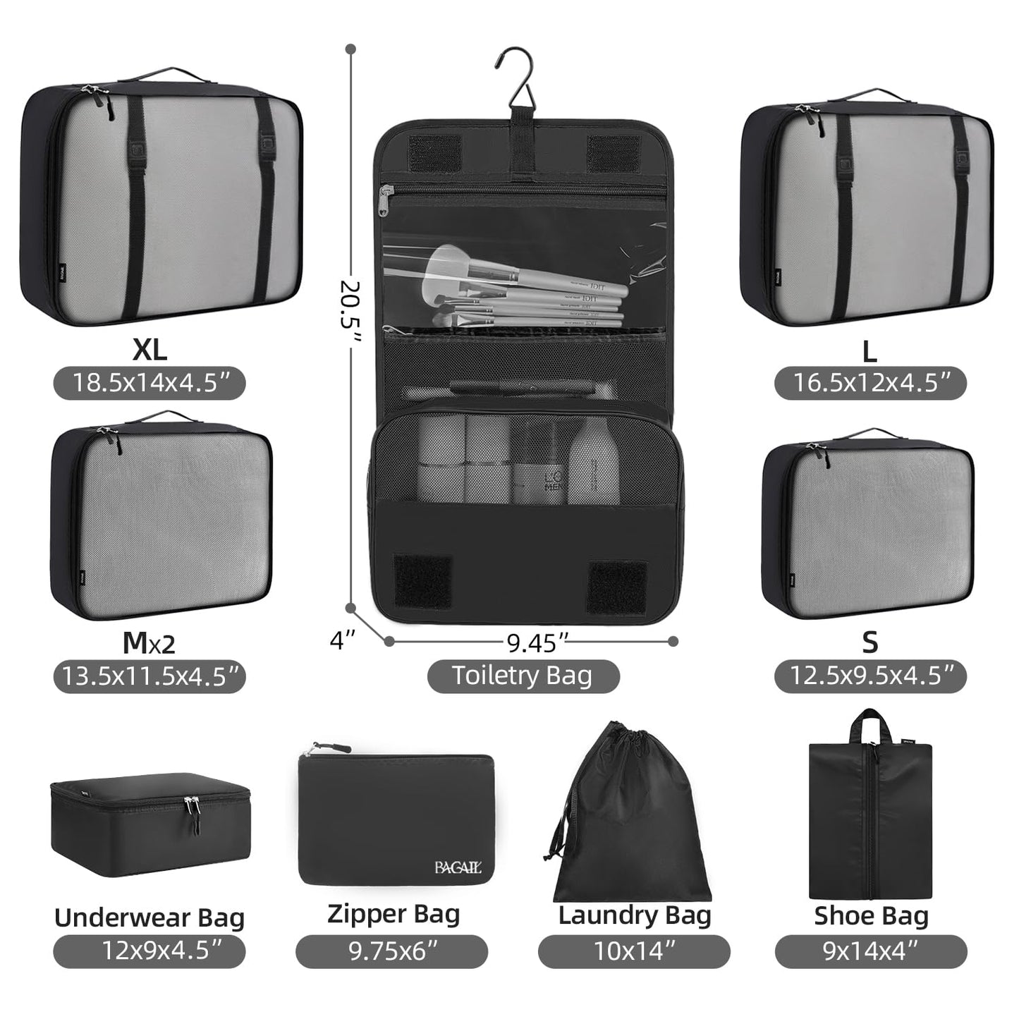 BAGAIL 10 Set Packing Cubes Various Sizes Packing Organizer for Travel Accessories Luggage Carry On Suitcase-Black