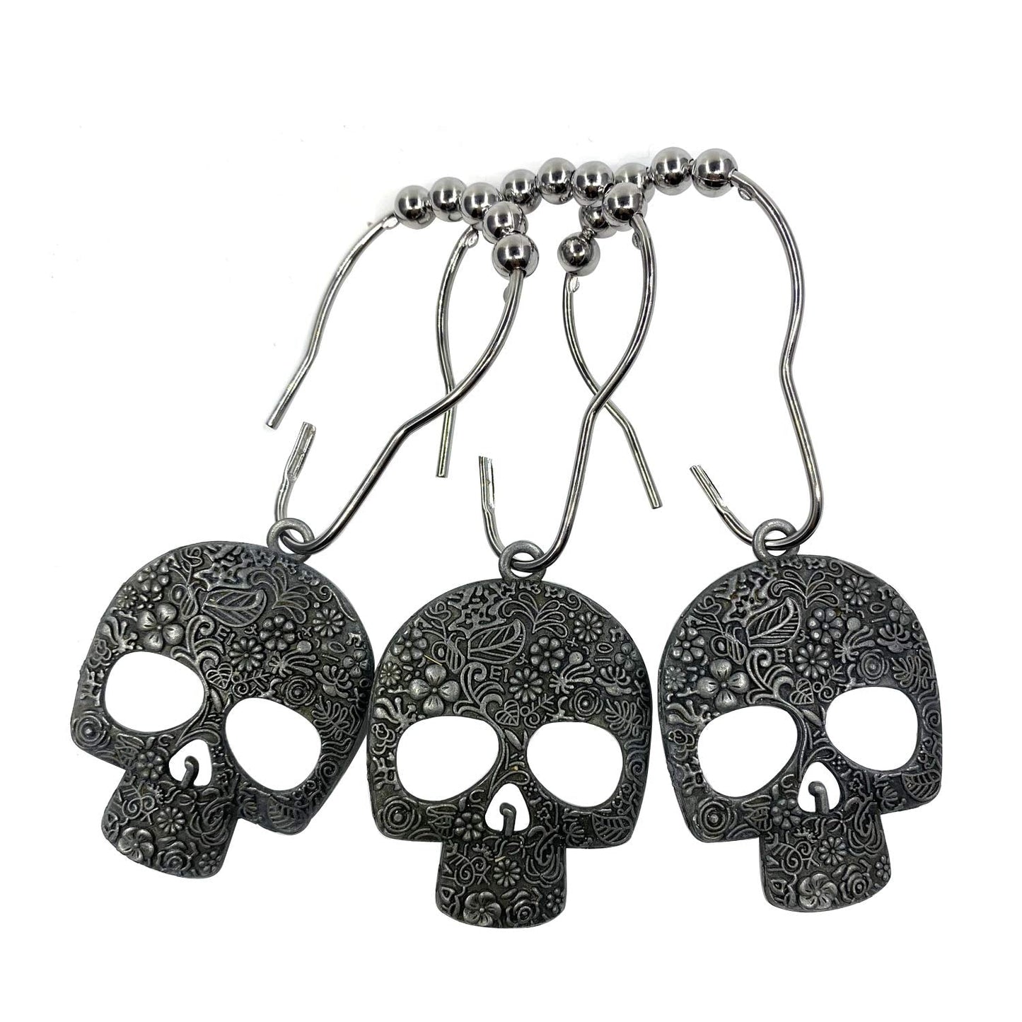 ZILucky Set of 12 Sugar Skull Shower Curtain Hooks Decorative Home Bathroom Stainless Steel Rustproof Skeletons Shower Curtain Rings Decor Accessories (Pewter)