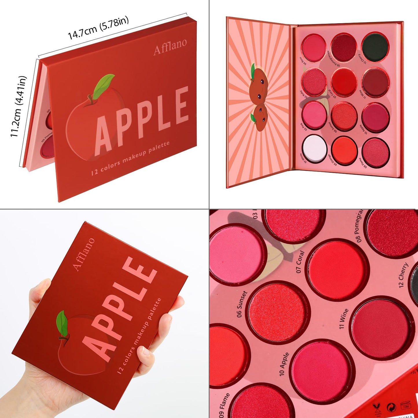 Afflano Red Eyeshadow Palette Makeup, Ultra Pigmented and Blending Bright Dark Hot True Red Black Eye Shade 12 Color, Cruelty Free Velvet Matte Shimmer Warm Fall Sunset Pink Goth red Eye Shadow Pallet