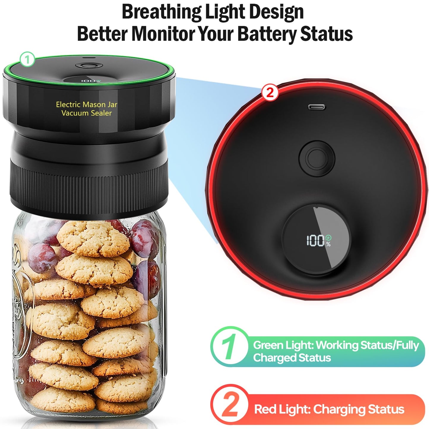 2025 Upgraded Mason Jar Vacuum Sealer, Electric Vacuum Sealer for Regular Mouth and Wide Mouth Canning Jars, Fully Automated and Portable